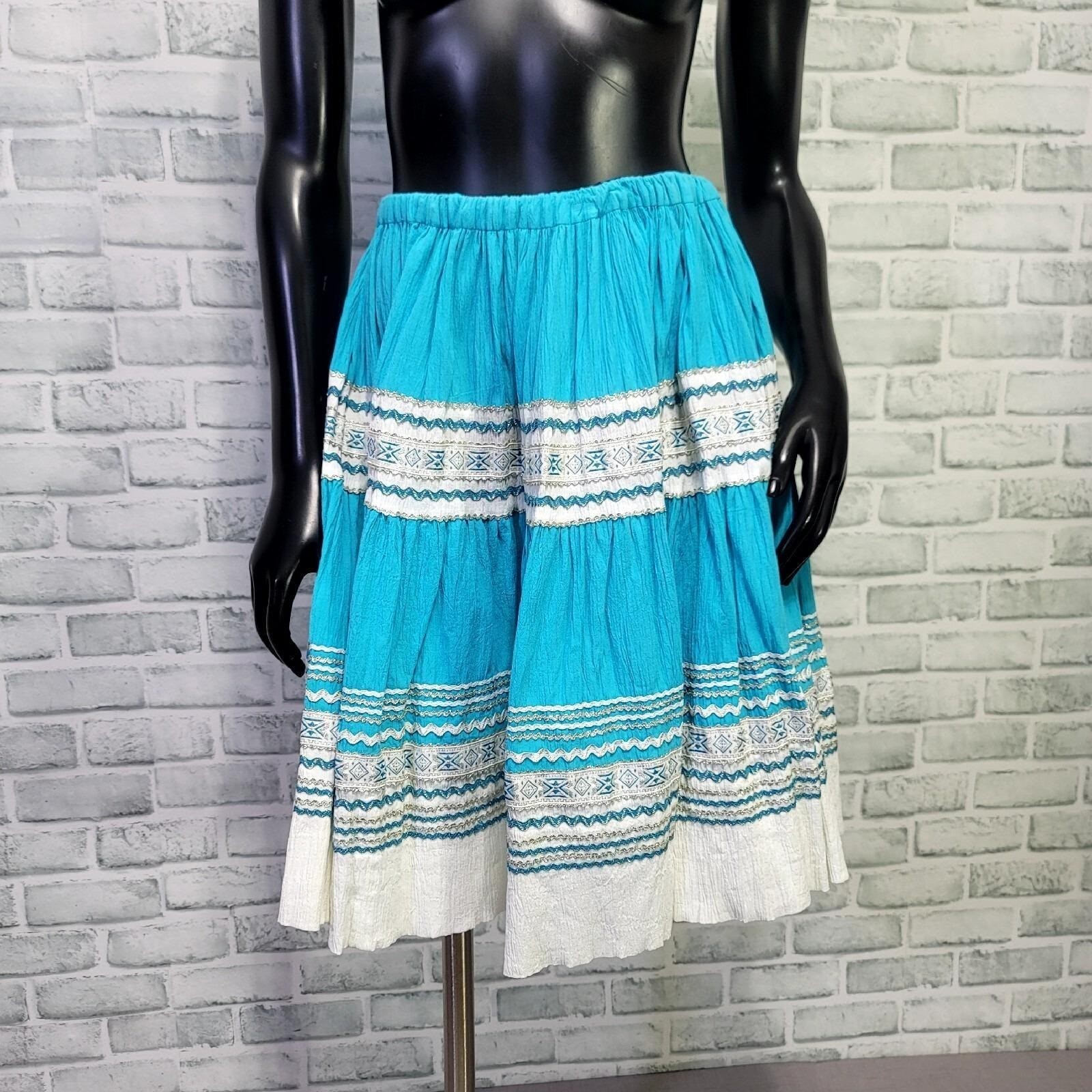 Vintage 70s Blue White Crinkle Cotton Skirt Wrap Top Set Boho Folk Square Dance