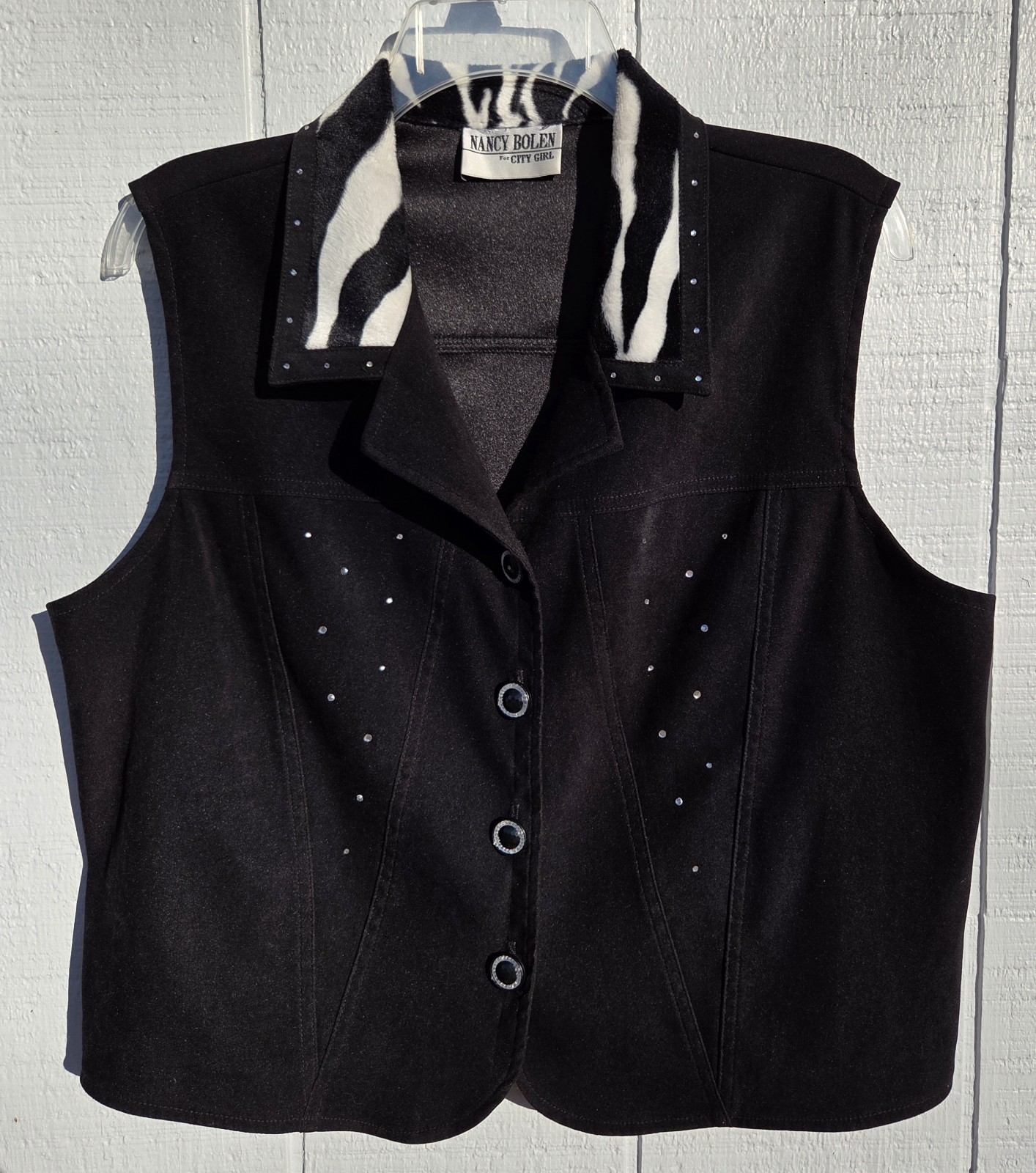 Vintage Nancy Bolen For City Girl Black Vest W/ Cow Print Collar & Bling Buttons