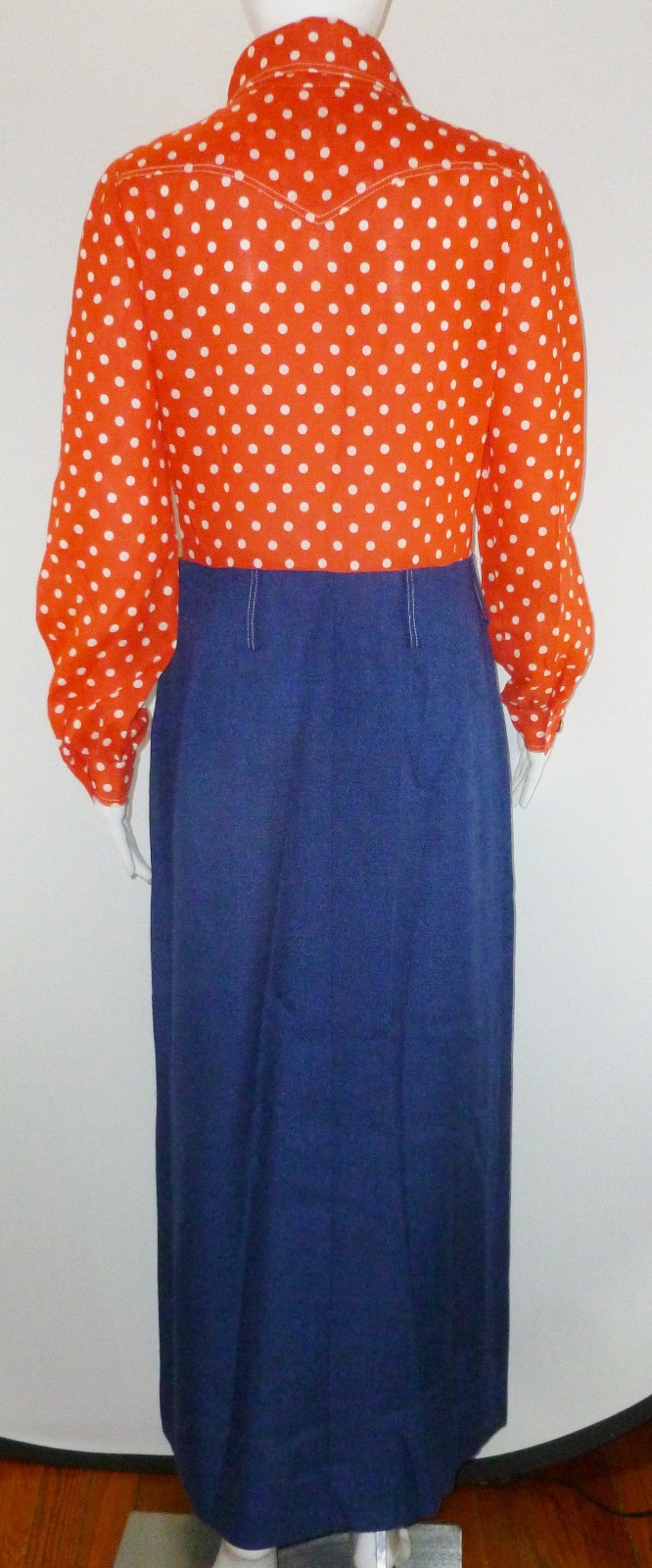 Vtg 70s Pat Sandler Maxi Dress Red White Blue Polka Dot Long Sleeve S/M Western