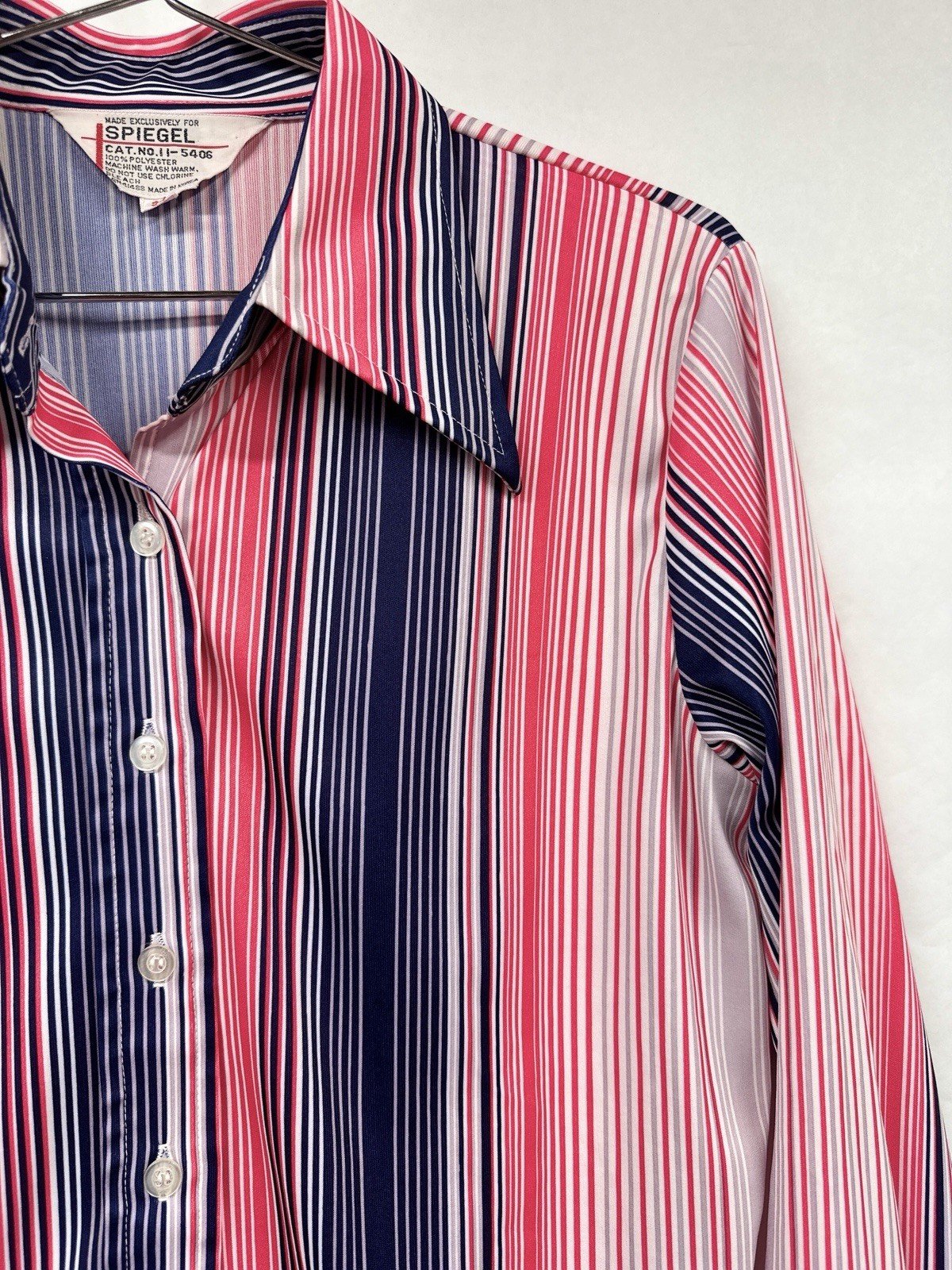 Vintage 70s Barcode Stripe Polyester Button Up Blouse Red Blue Spiegel M / L