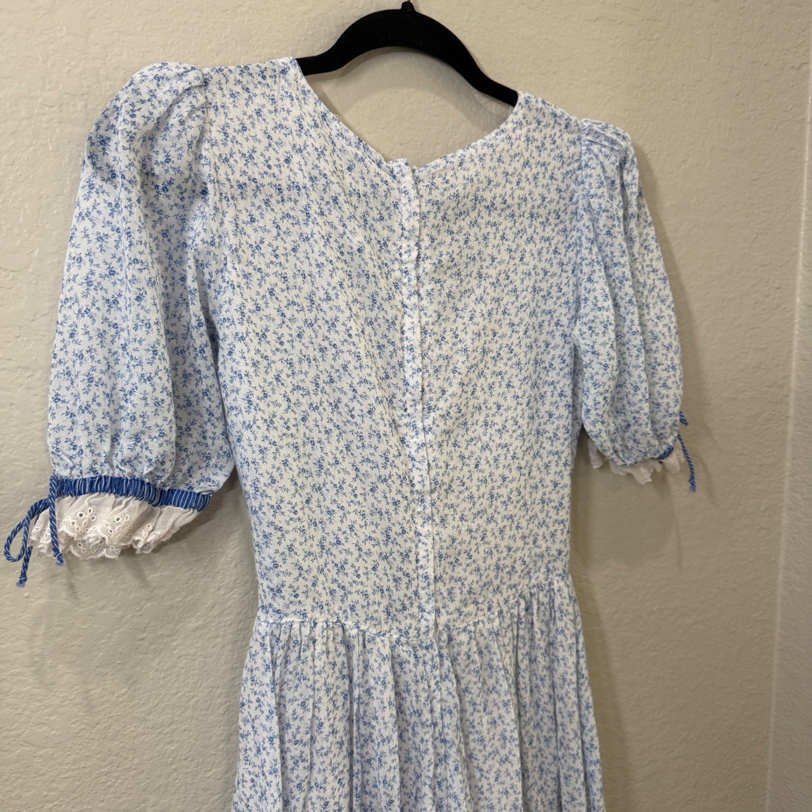Vintage ACT I New York Floral Cottagecore Midi Prairie Dress Blue White Lace XS