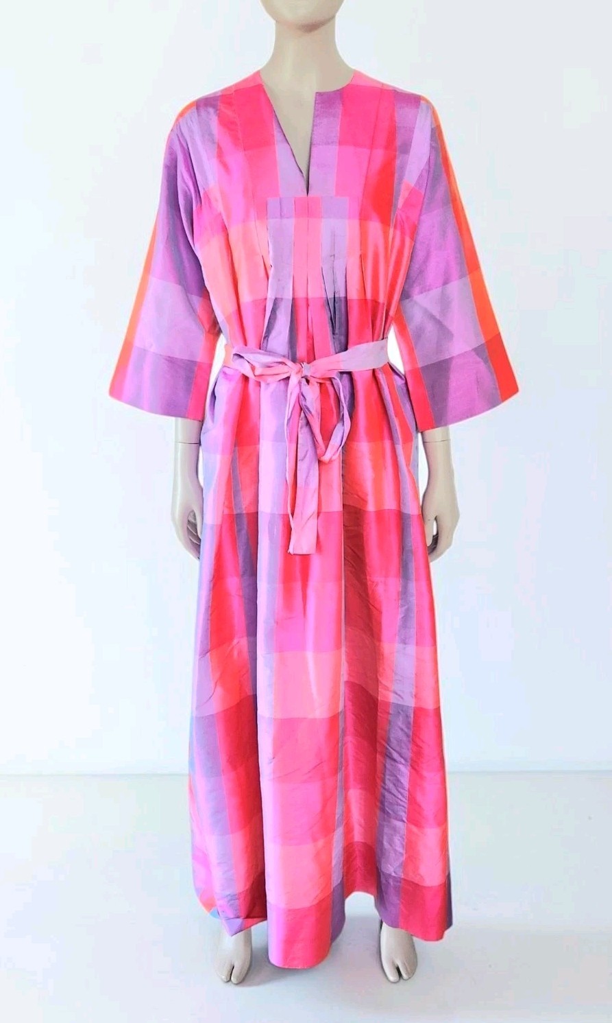 Vintage Jim Thompson Siamese Trader Thai Silk Belted Madras Kaftan Dress M 60s