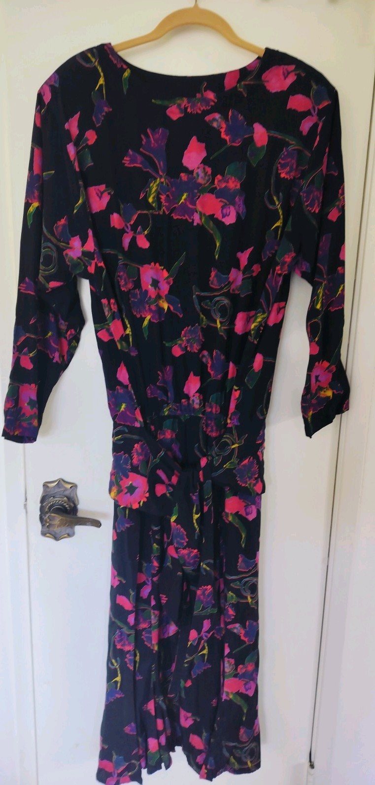 Vintage 80s Pat Argenti Collection Floral Dress Drop Waist 100% Rayon Midi
