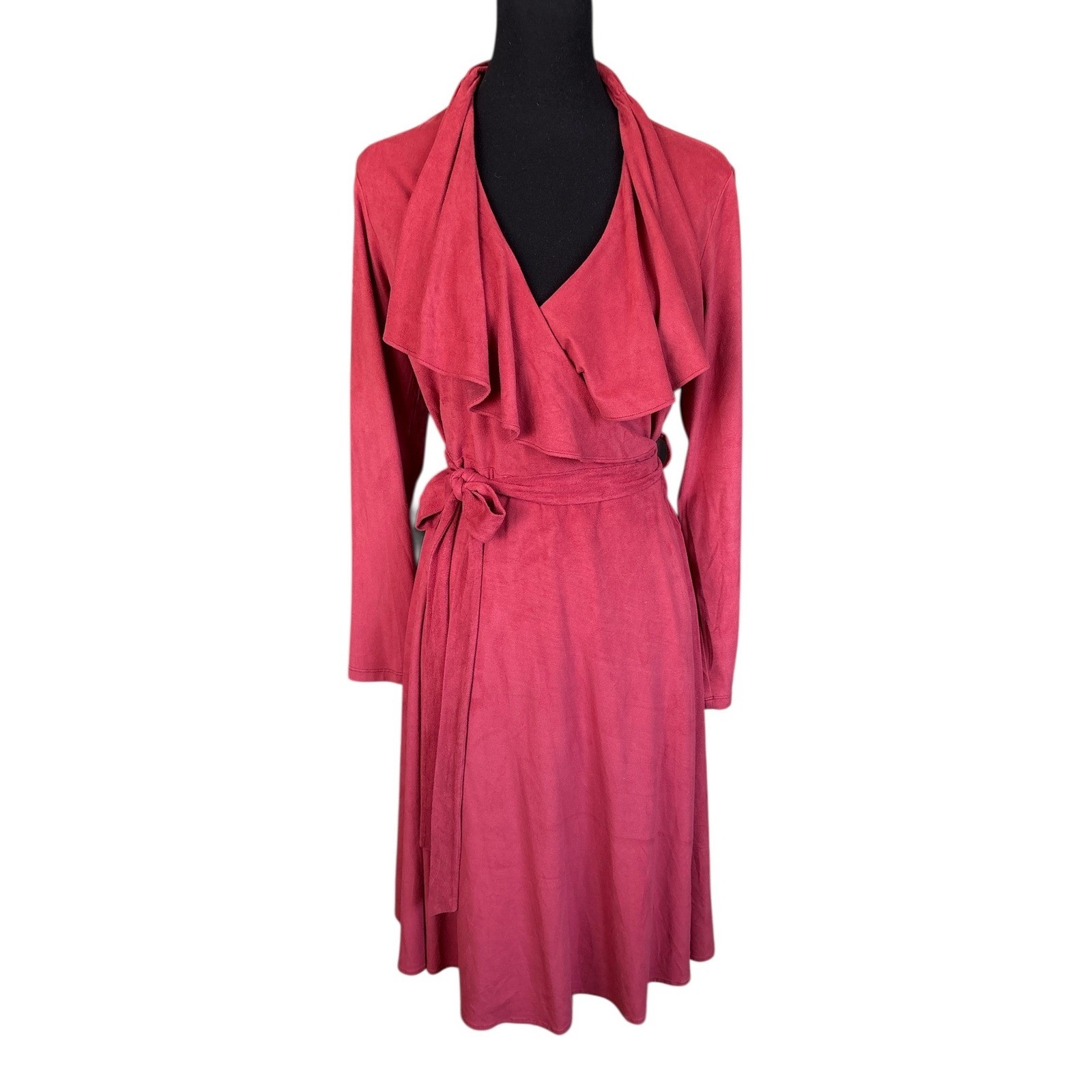 Vicky Tiel Rust Colored Faux Suede V-Neck, Long Sleeve Wrap Dress, Large, Luxury