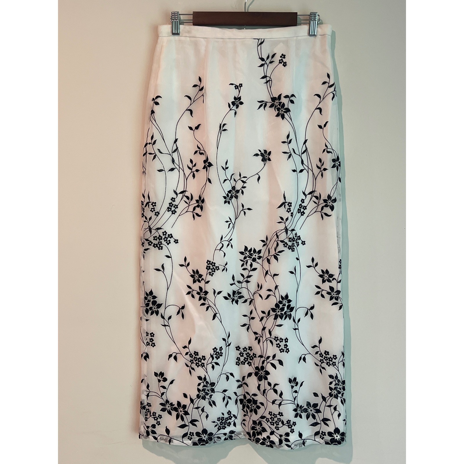 J.R. Nites White Black Floral Glitter Velvet Embossed Midi Skirt Size 10 Retro