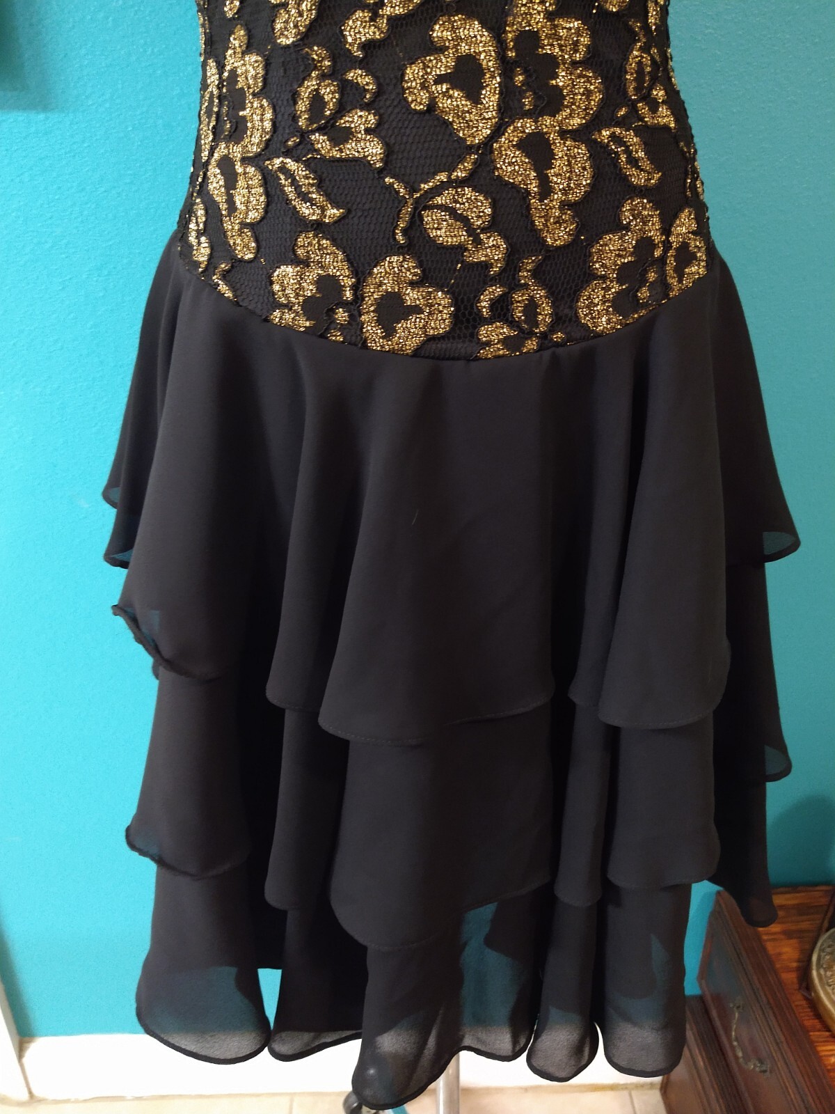 VINTAGE Tiered Party Dress Sheer Gold and Black Lace Floral Late Edition Ltd.