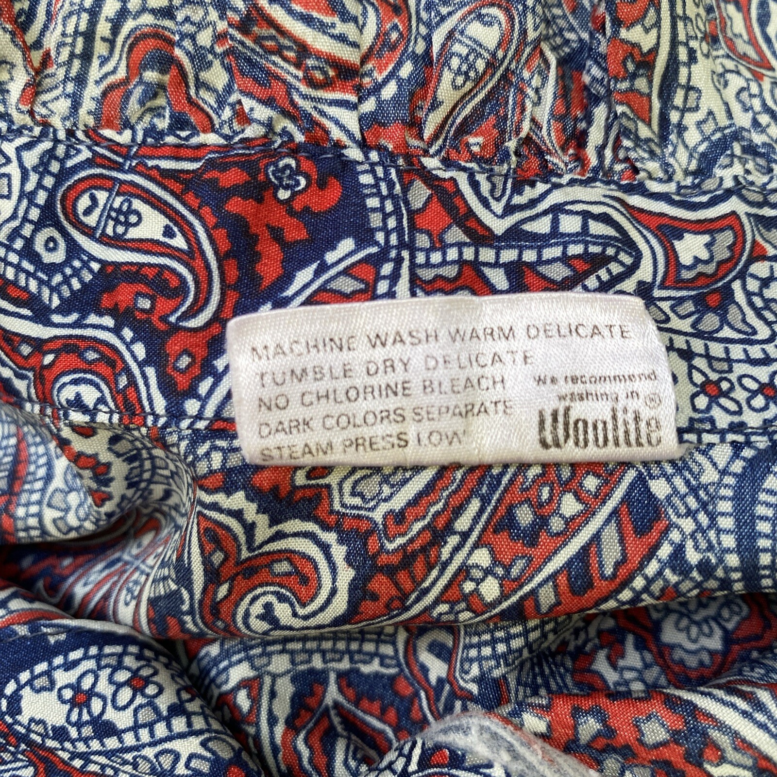 Vintage Secretary Blouse Shirt Large Red White Blue Paisley Ruffle Neck 70s 80s