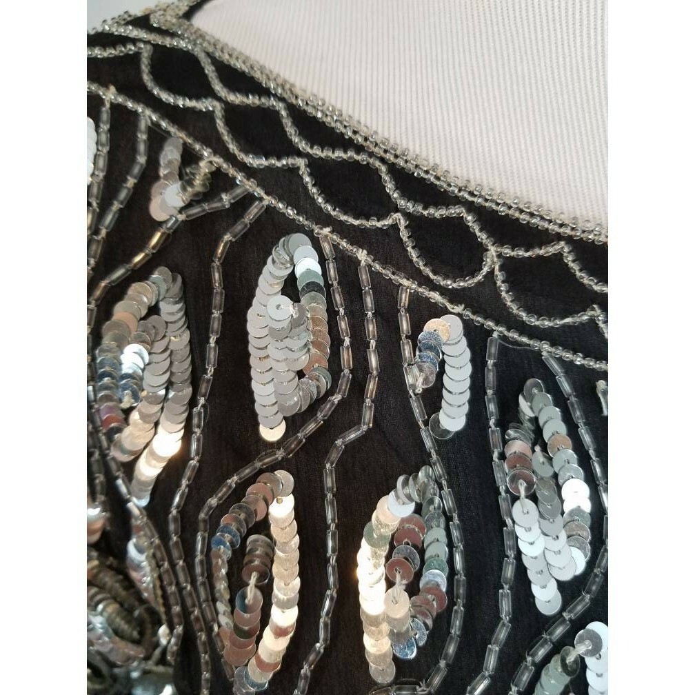 Vtg Sho Max NY Silver Sequin Silk Crepe Blouse Vertical Stripe Disco NYE Party S