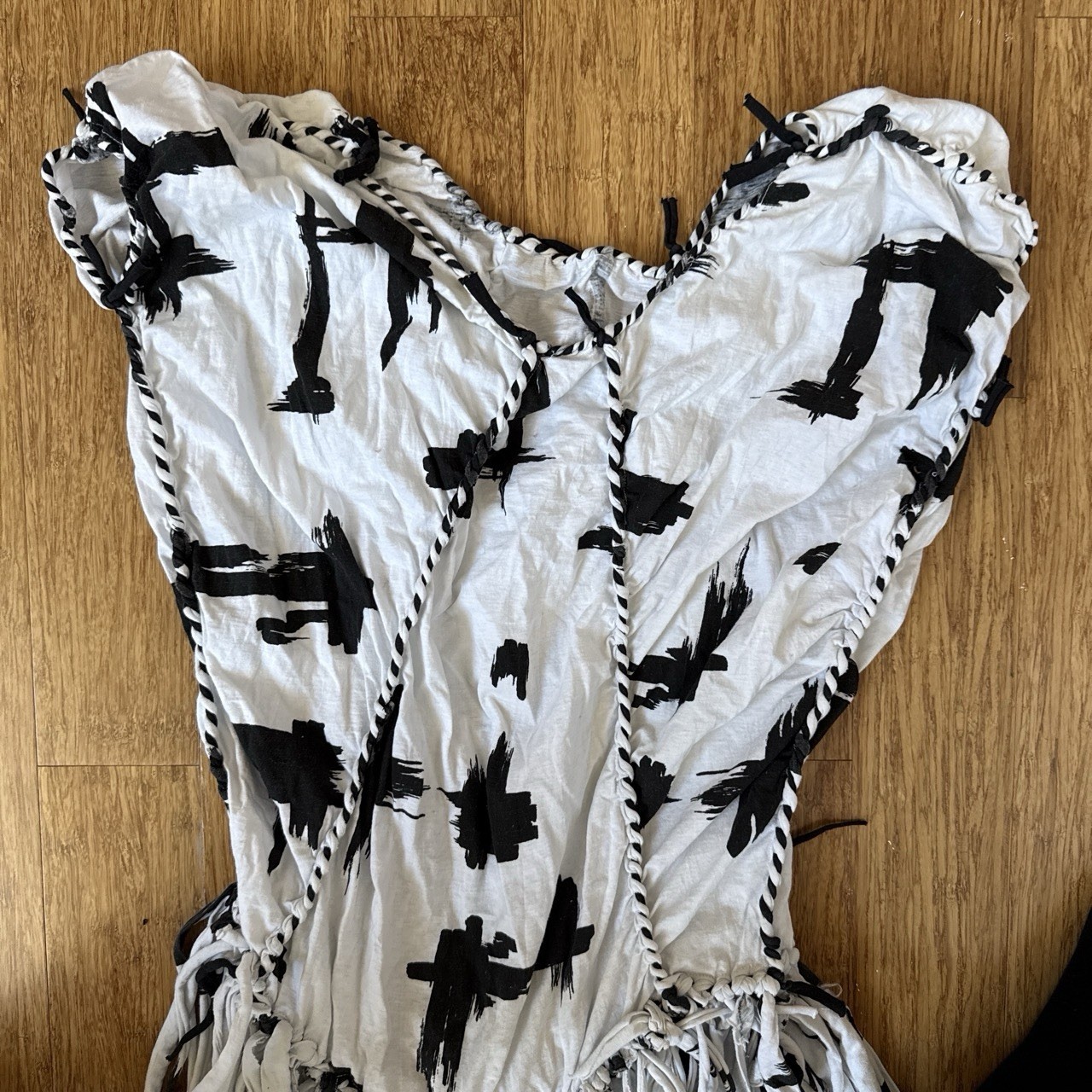 Vintage 1980S Braided Fringe Black-And-White Abstract Cotton Festival Dress Smal