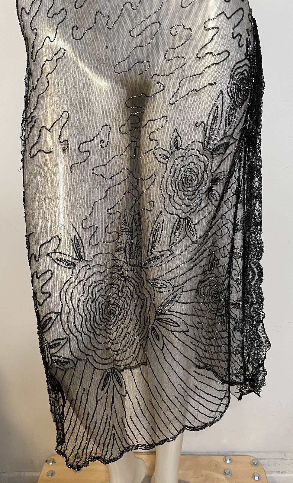 Antique 30s Art Deco Black Lace Sheer Beaded Dress S XS Floral Holes