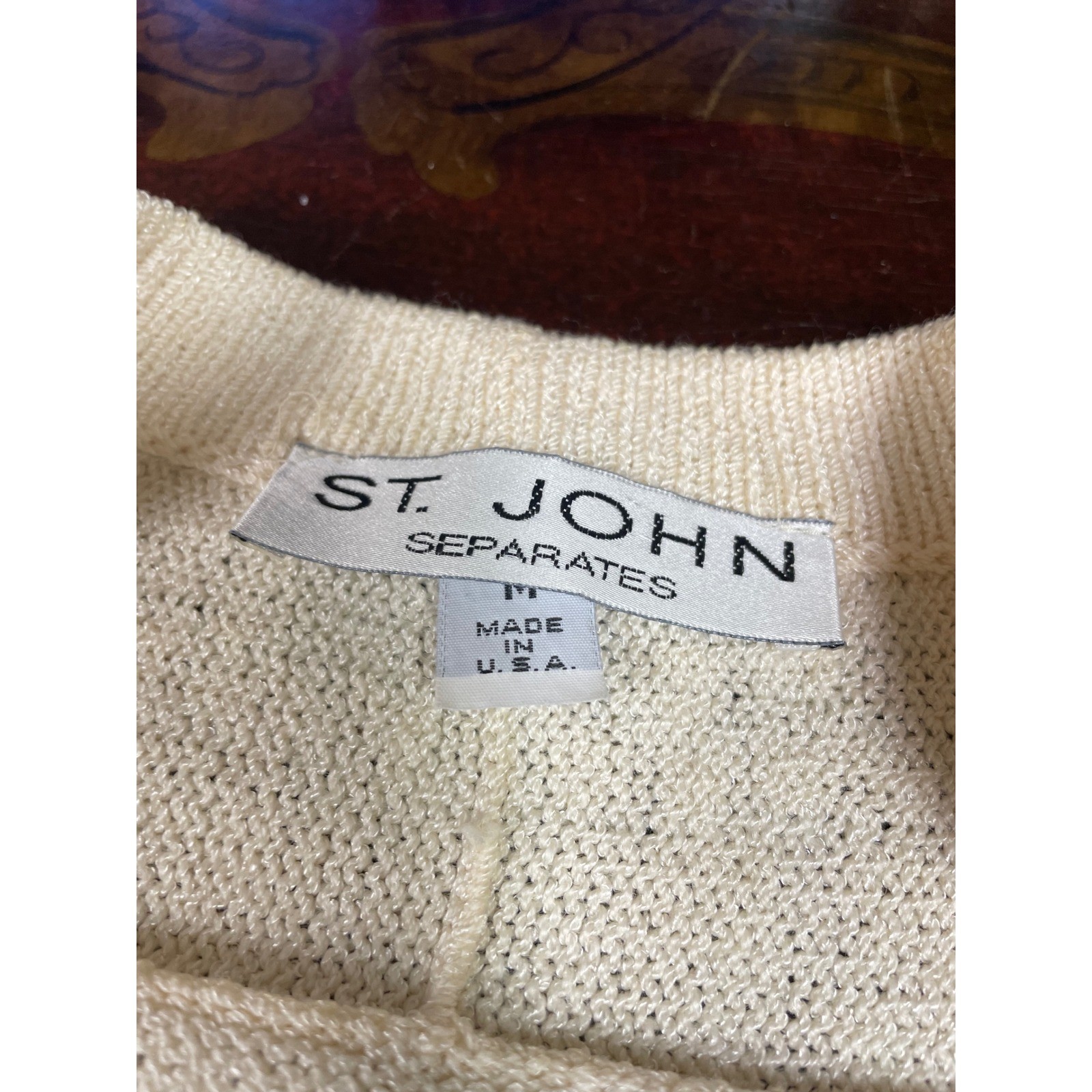Vtg St. John Cream Beaded Faux Wrap Santana Knit Batwing Sleeve Sweater Retro M
