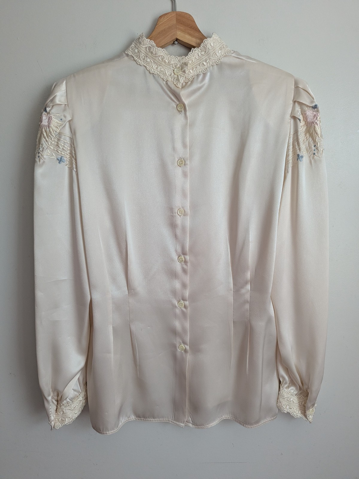 Vintage 1980s Satin Blouse Victorian Cottage Embroidered Lace High Neck Feminine