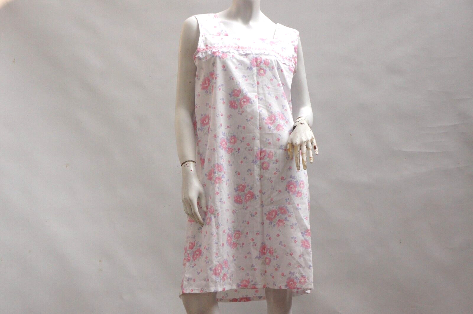 Vintage 60s Floral Nightgown Dress Medium Woven Cotton Blend Mid Century 1960s