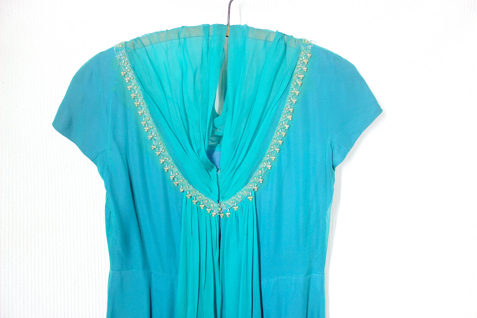 Vtg 50s Ocean Blue Silk Crepe Dress L Cameo Cowl Neck Pearl Beading Pinup Rare