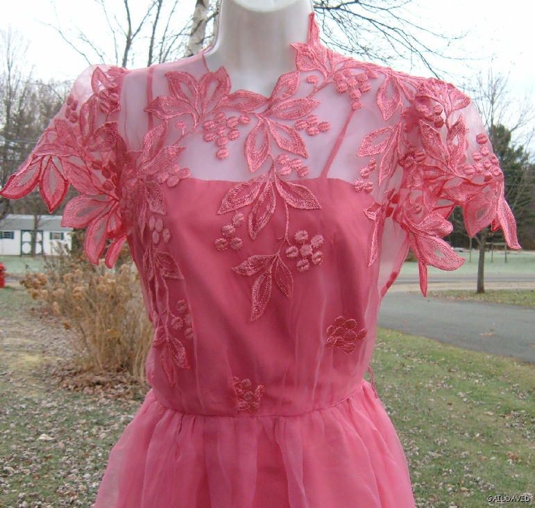 Vintage S M 60s MCM Pink Chiffon Valentine Party Dress Floral Applique