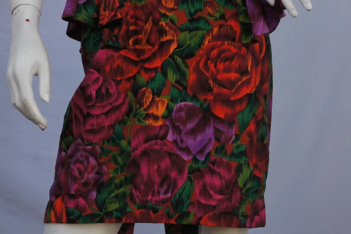 Vintage 80s Floral Print Peplum Dress with Open Back By Bugardi Cocktail Dress