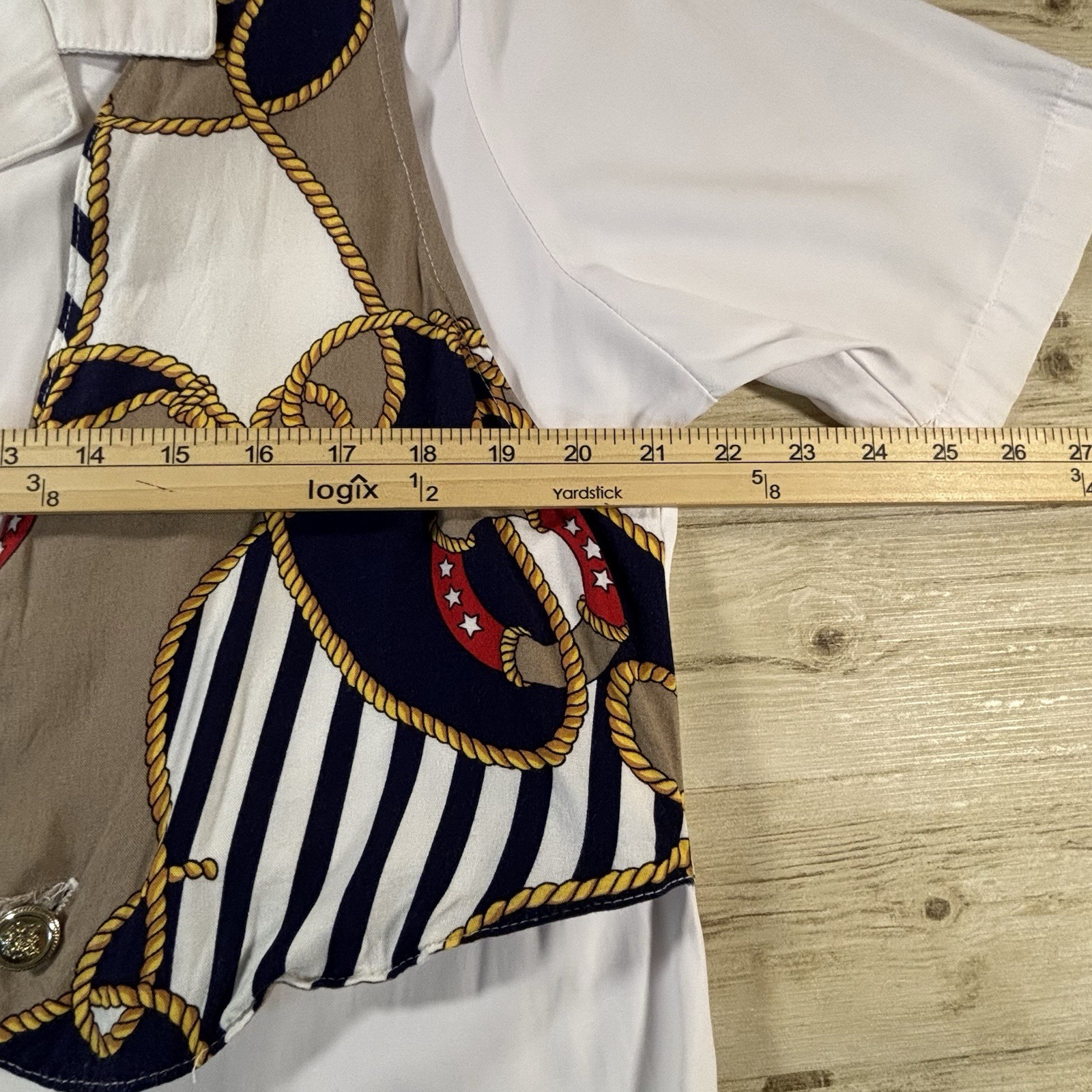 Vintage Kathie Lee Nautical Blouse | Rope Anchor Gold Button Coastal | 14