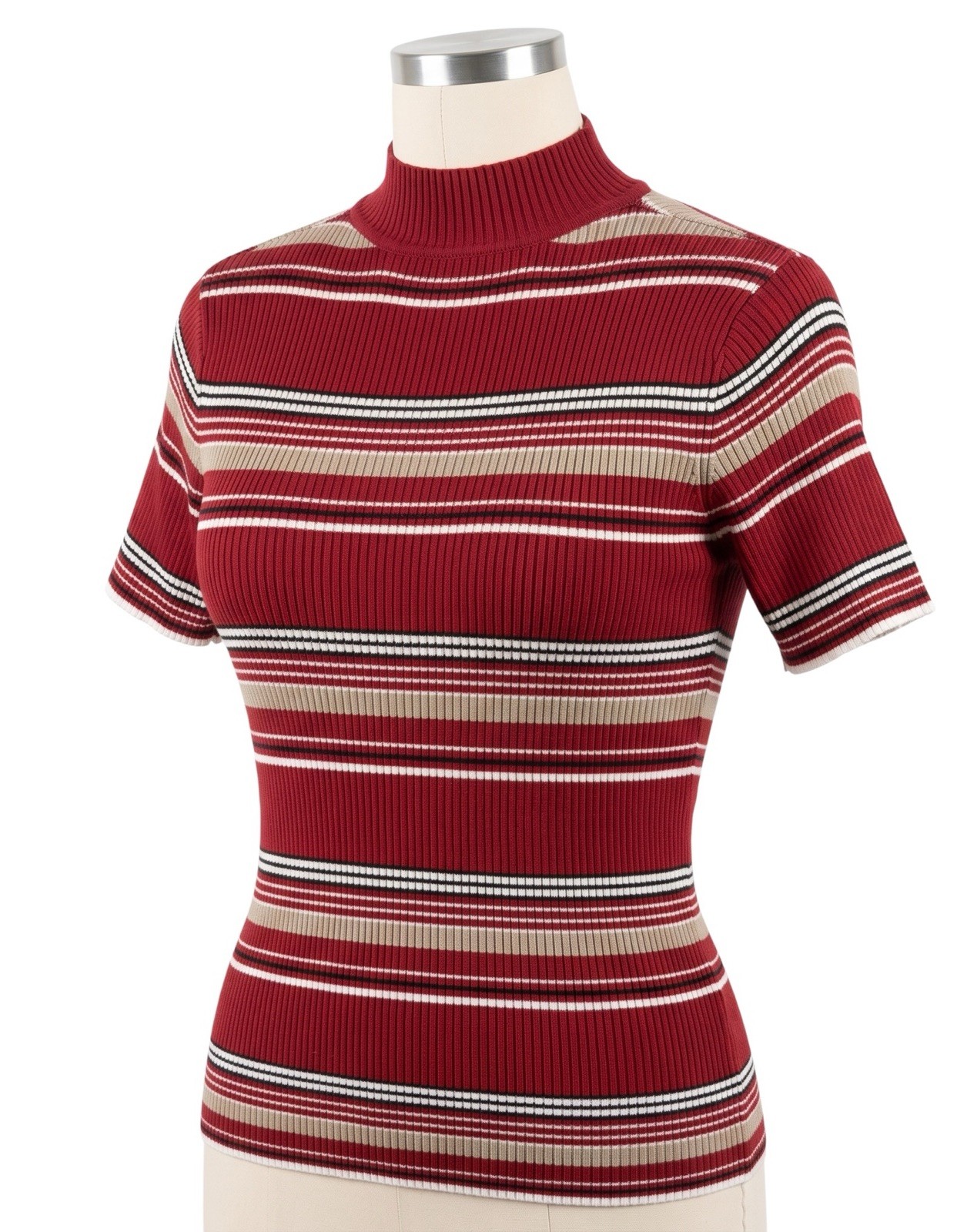 Vtg 90s Red & Tan Stripe Knit Turtleneck Short Sleeve Ribbed Sweater Preppy Med