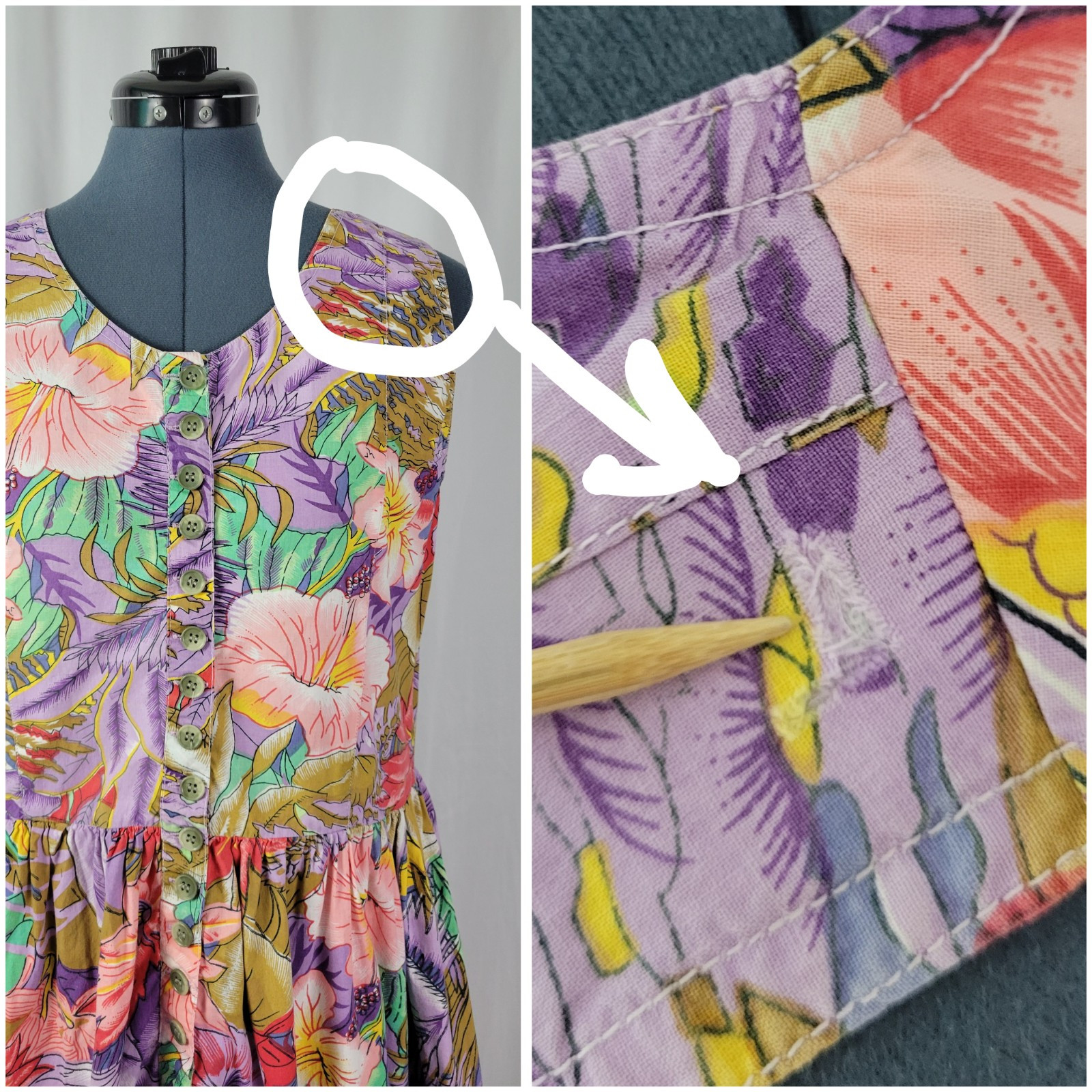 Vintage Erika Pink/Purp/Green/Tan Tropical Floral Print Jumper w Pockets Size L