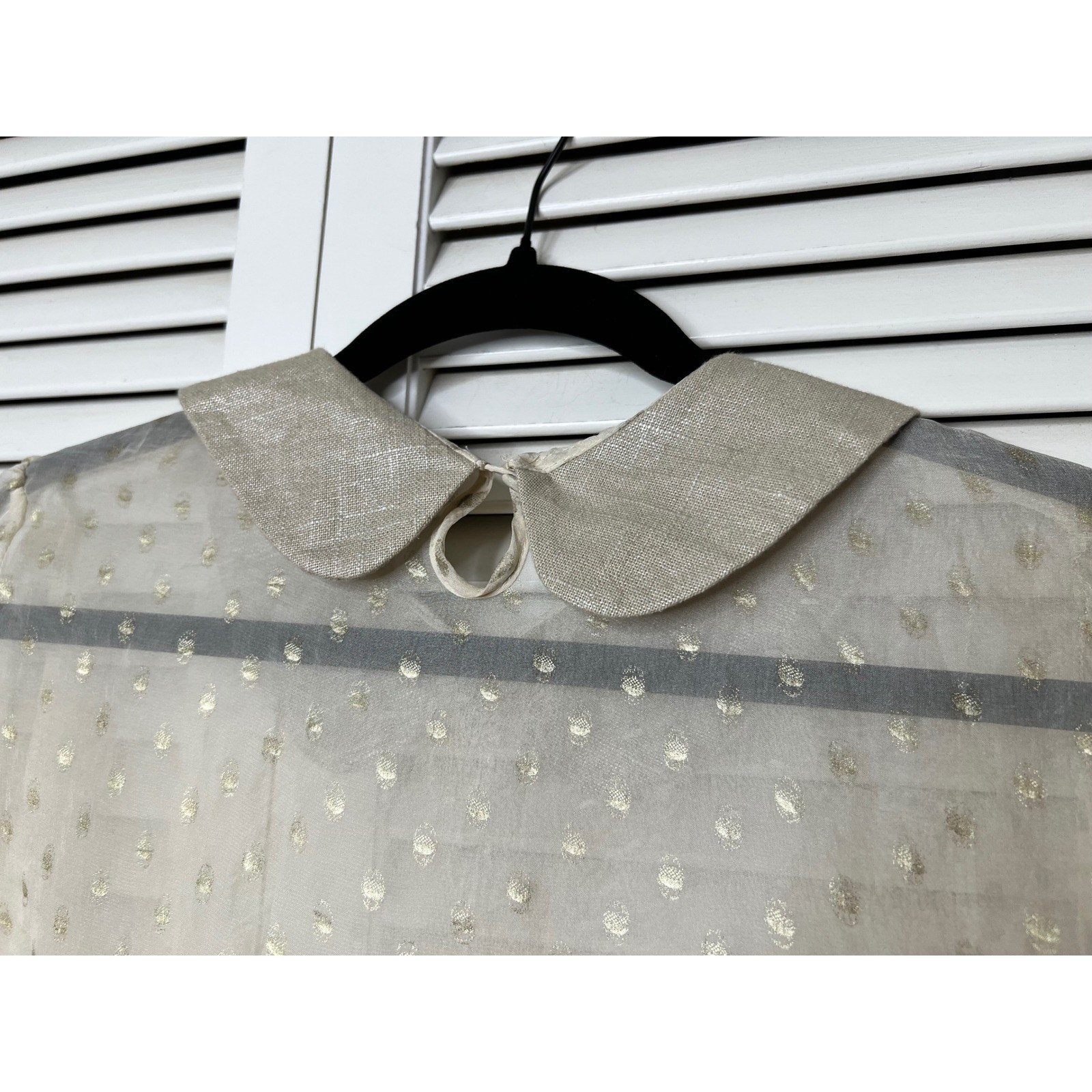 Vintage Sheer Ivory Gold Clip Dot Blouse Peter Pan Collar Size L