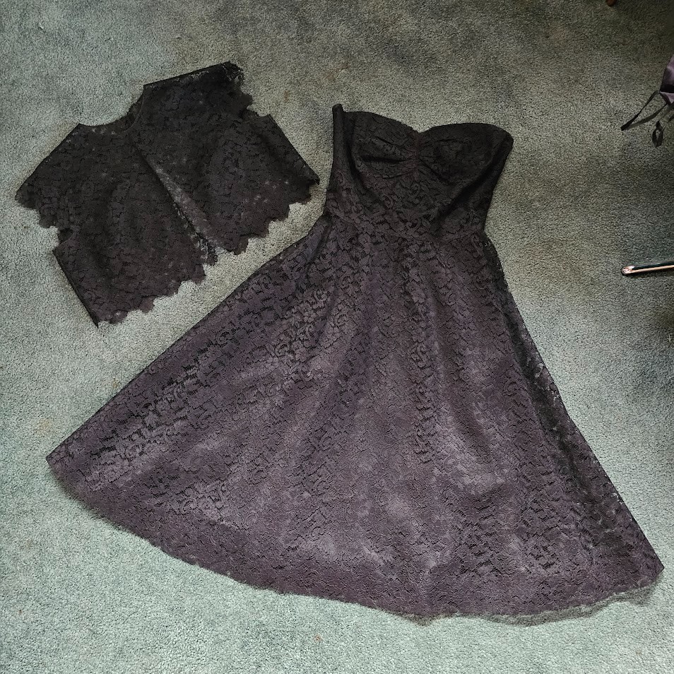 Vintage 1950s Black Lace Circle Prom Evening Cocktail Party Dress w/ Bolero XS/S