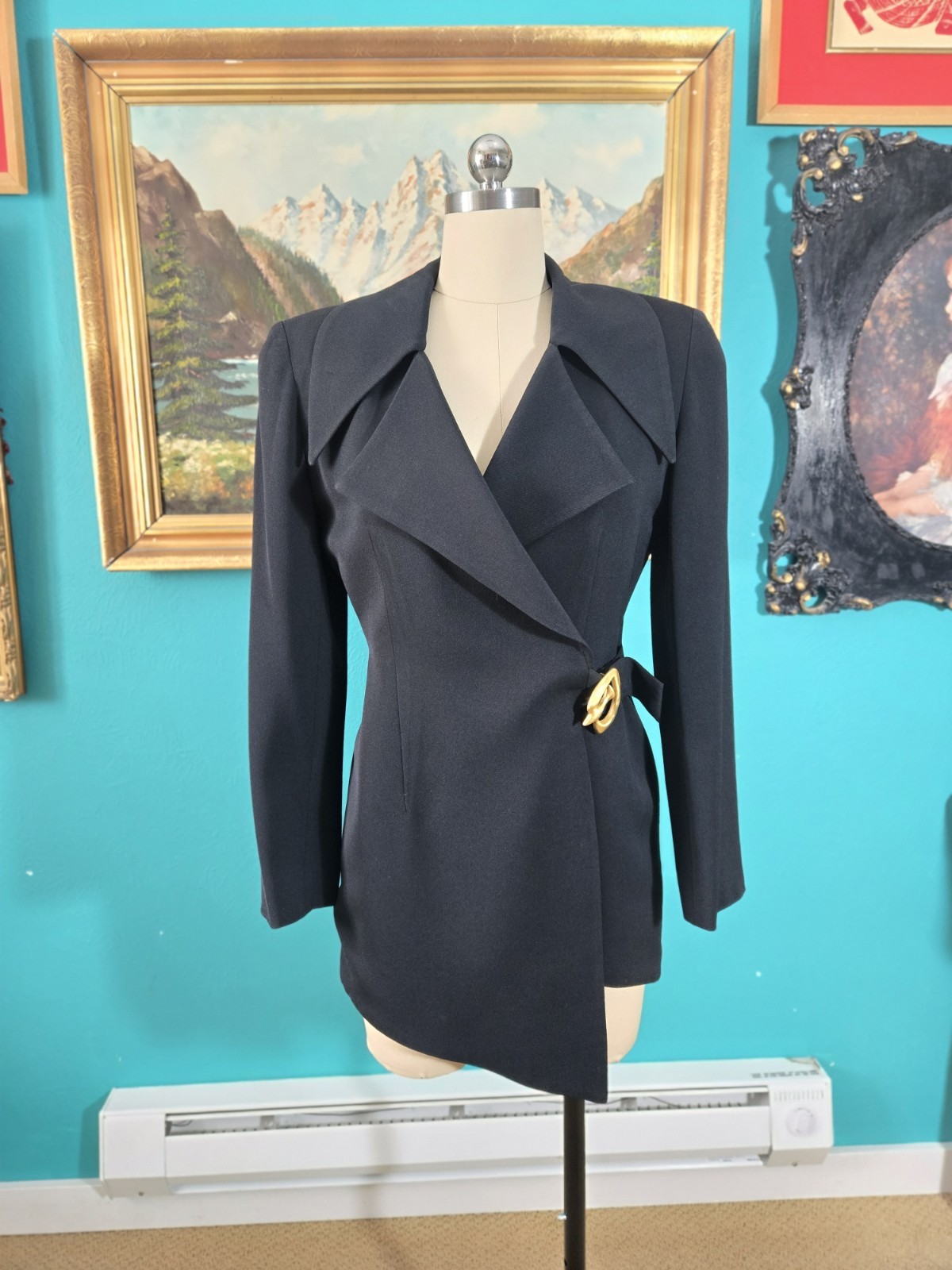 Vtg 1980s Kathryn Dianos Dagger Collar Goth Black Asymmetric Blazer