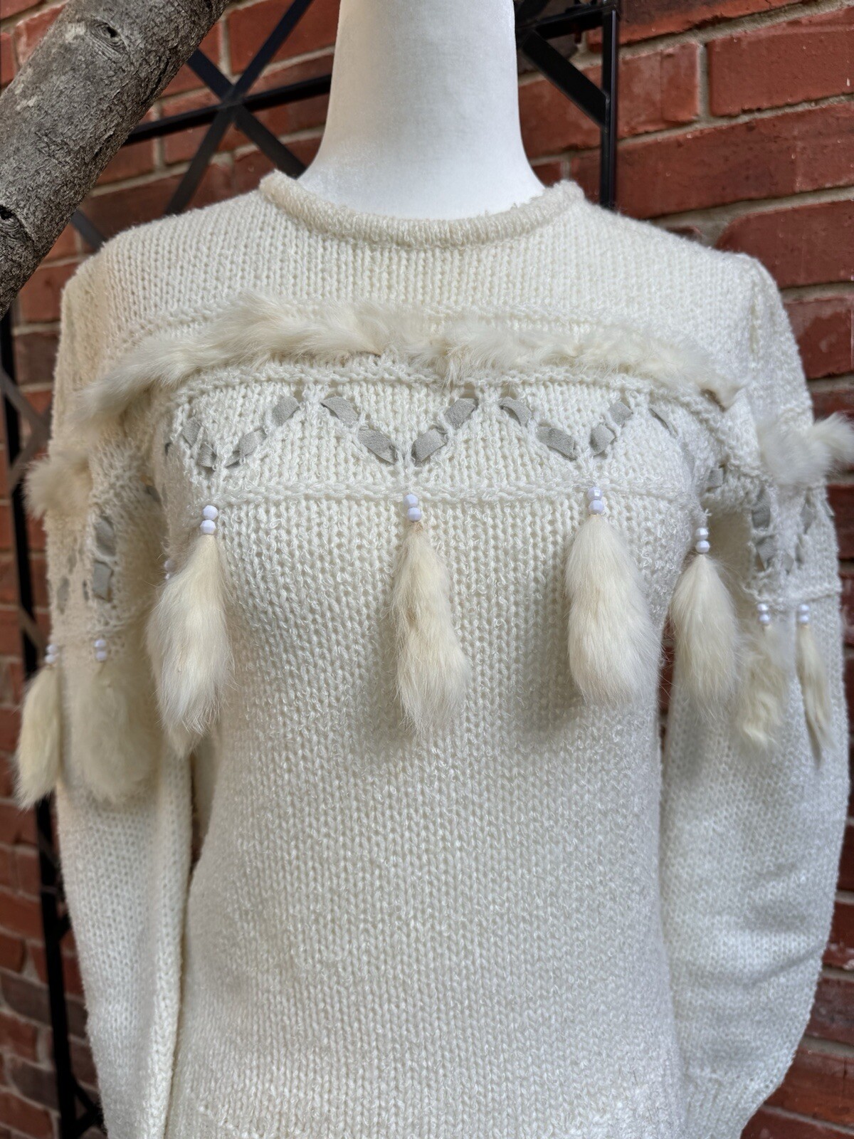 Vintage 1970s-80s Ivory Sweater With Leather Trim & Rabbit Fur Tassels Size XS-S