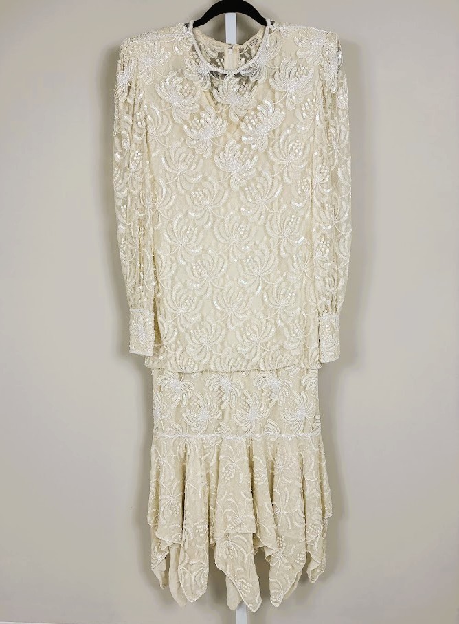 Vintage 1980s Beaded Sequin Lace Gown Ivory Handkerchief Hem Gatsby Bridal Gala