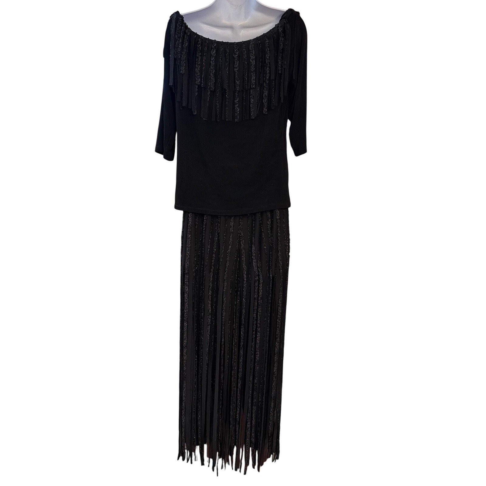 Vintage 80’s Lyon Two Piece Set Fringe Glam Evening Boheme Made in USA Chic