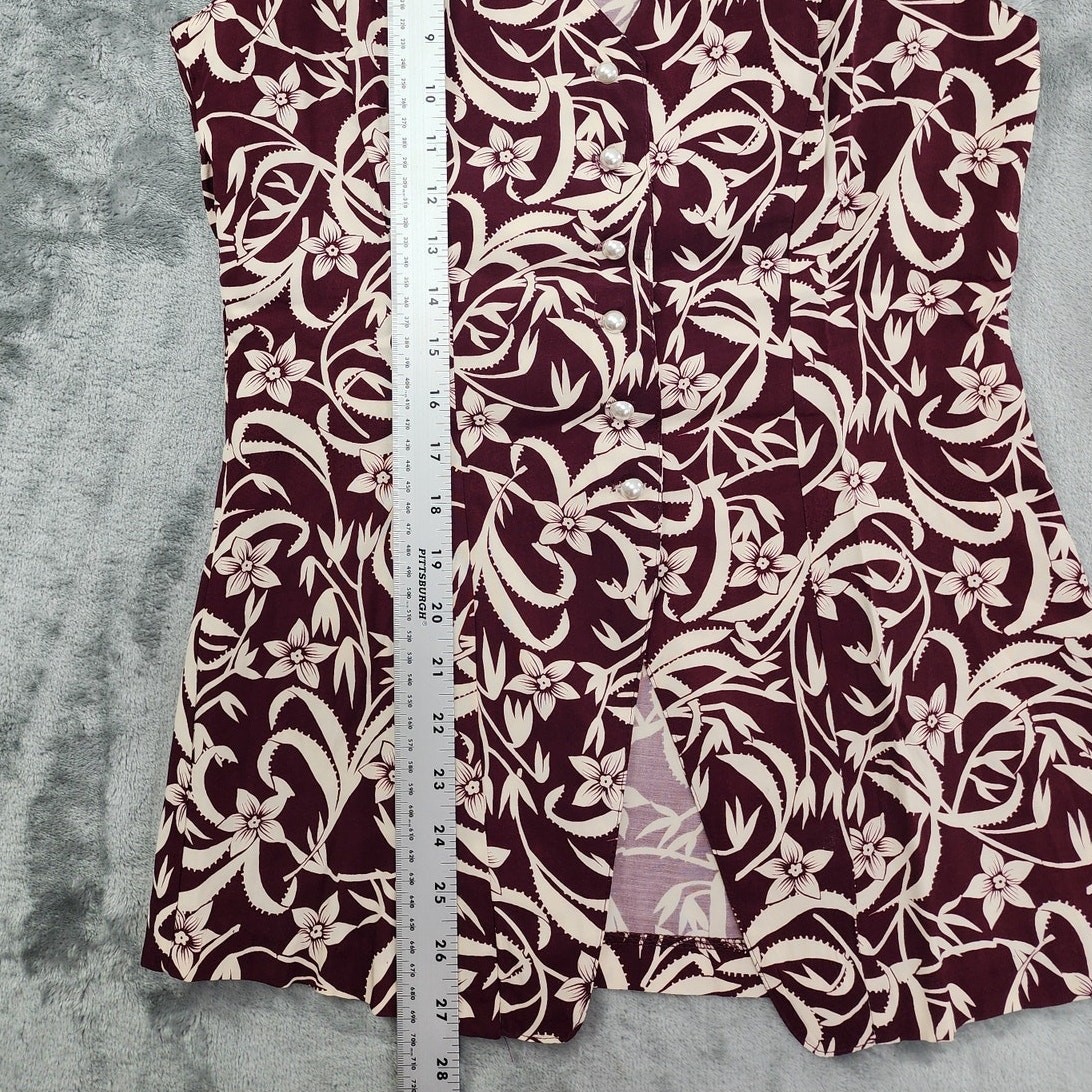 Vintage C’est Bon Top Womens S Red White Floral Sleeveless Longline Pearl Button
