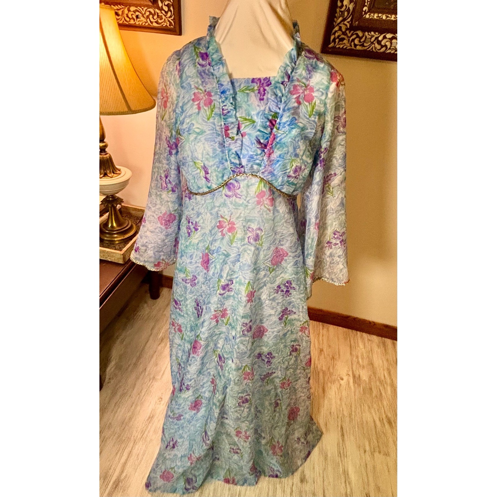 Vintage 60s Mad Men flower Dress Set, Sheer Layered Gown Bell Sleeve S/M