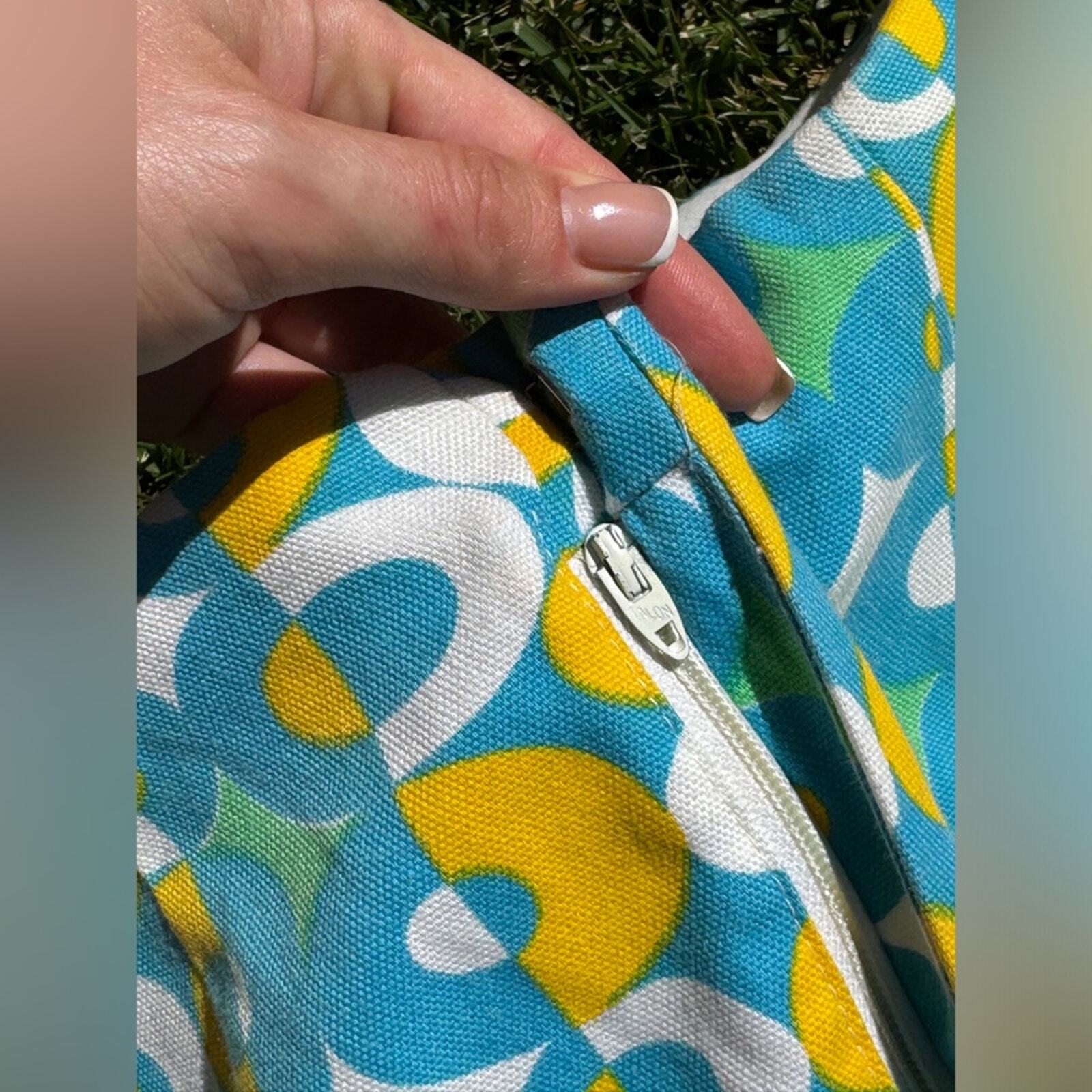 60s Vintage Green White and Blue Geometric Circle Print Kick Flares