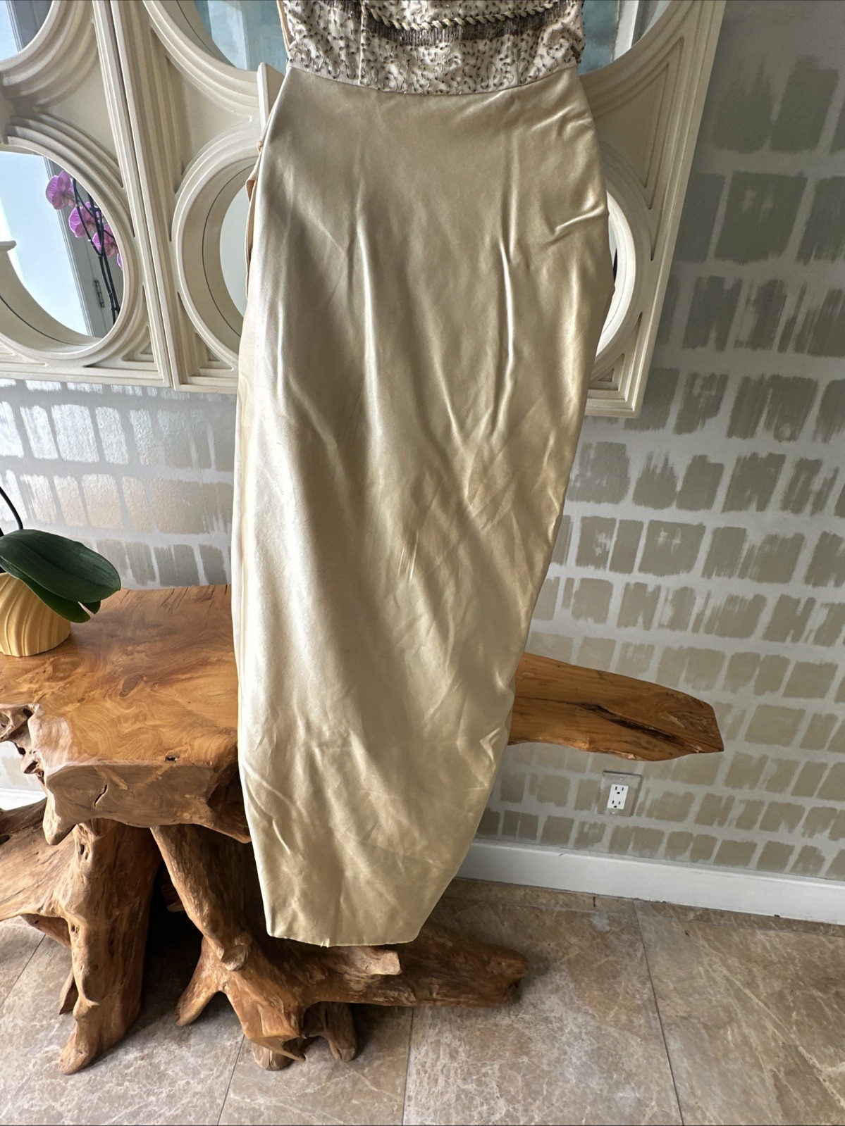 Ceil Chapman 50s Patented Champagne Gold Satin & Beaded Bustier Sarong Gown XS