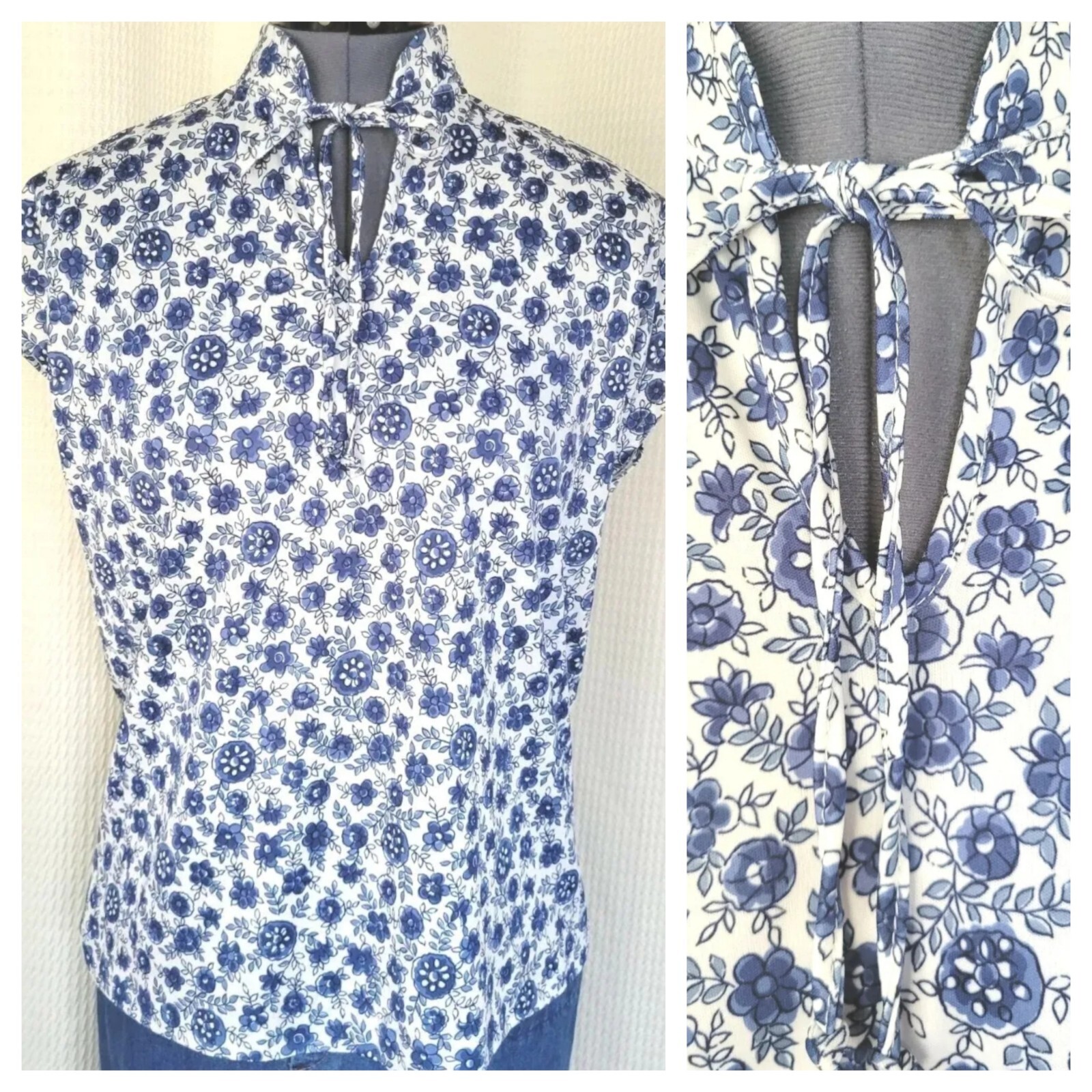 Vintage White Top with Blue Florals and Tie Neck Size 11/12