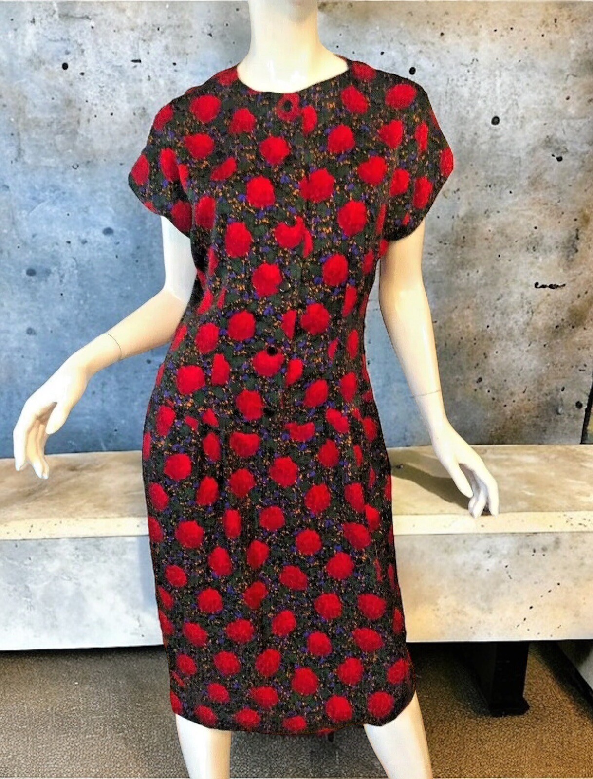 Dress M Vtg 80s Silk ART FLORAL Button Front TROPHY Sexy Secretary WEDDING GUEST