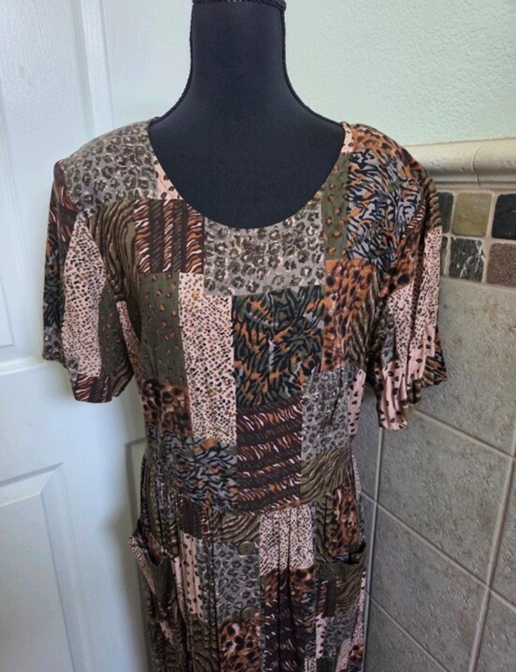 Vintage Patchwork Animal Print Maxi Dress Vacay Teachercore Travel Safari 16 TL
