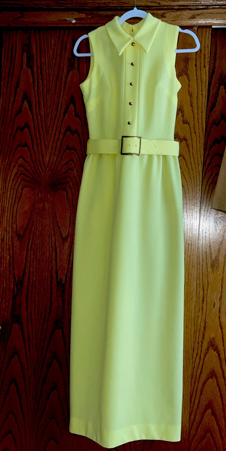 Vintage Jerrie Laurie Yellow Belted Maxie Dress Women’s Size 8 Sleeveless, USA