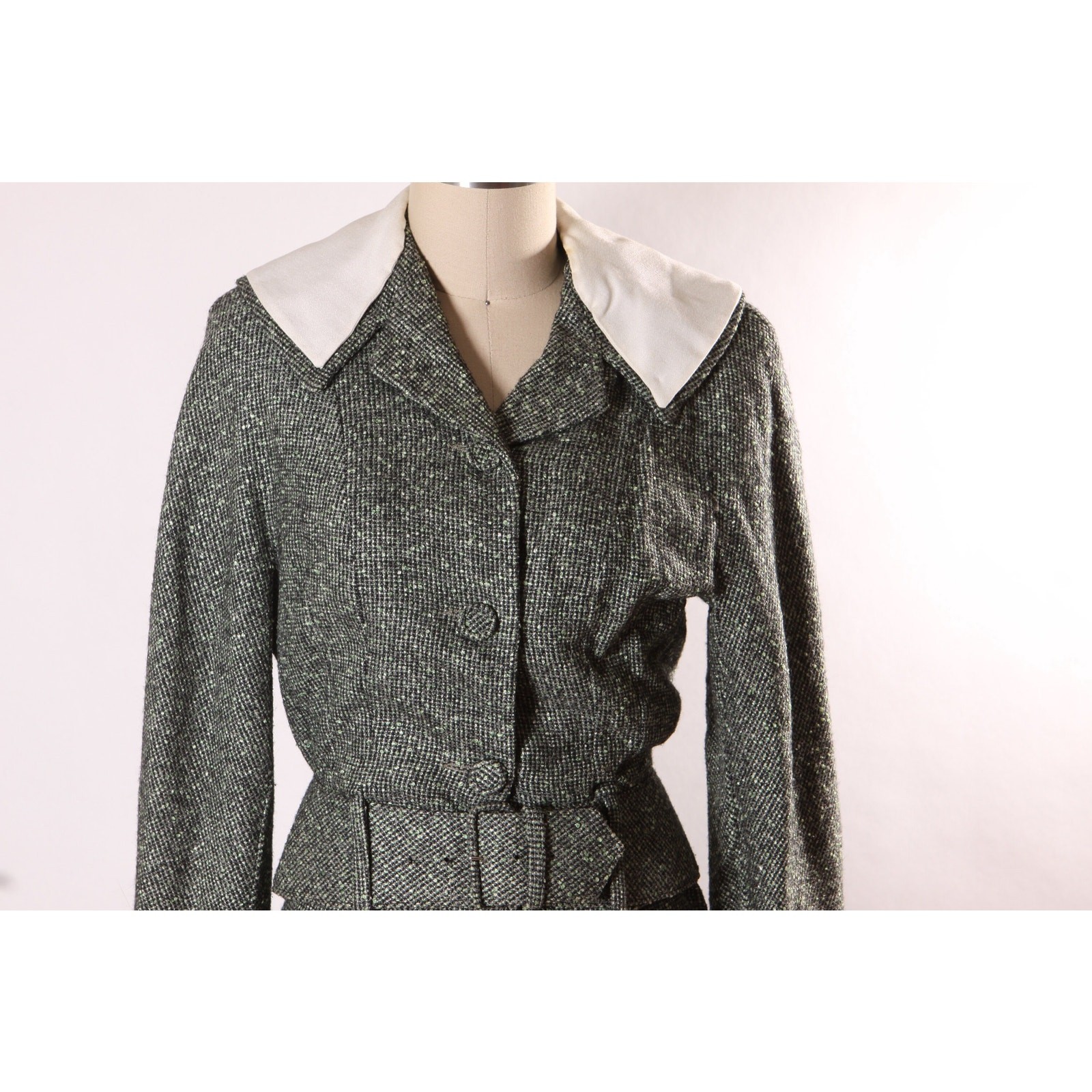 1940s Gray Green White Jacket with Matching Skirt Two Piece Suit by Winston