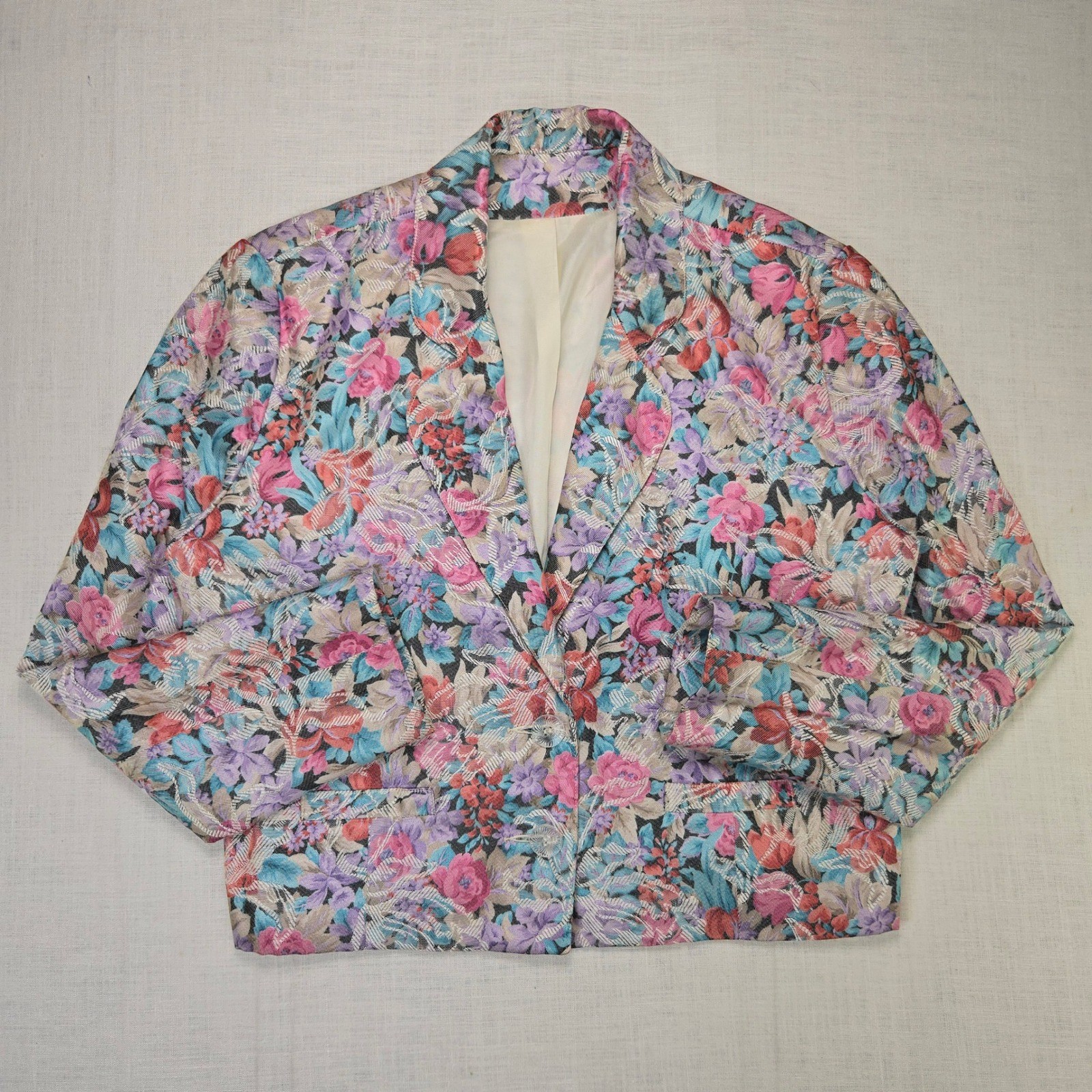 VTG Floral Tapestry Blazer Pink L Women’s Purple Blue Cropped Shoulder Pads USA