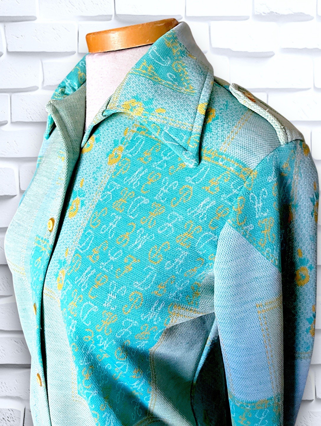 1960’s Teal, Sea Foam Green & Yellow Patchwork & Monogram Pattern Suit Spring