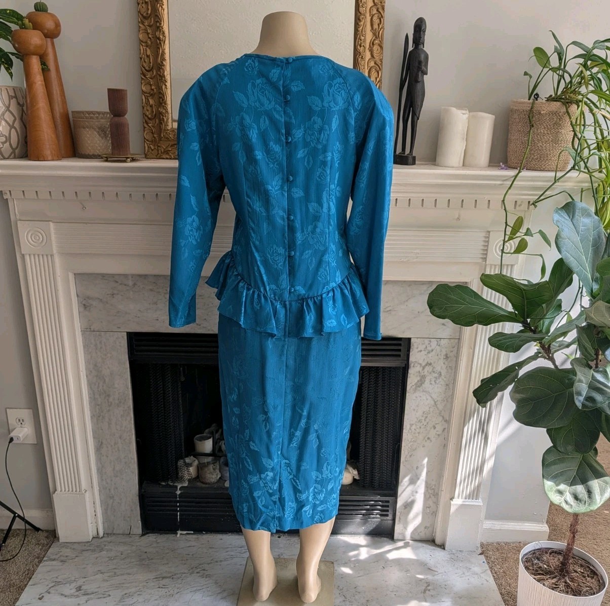 Vintage 80s Blue Teal Peplum Midi Dress Size 12 Floral Jacquard Drop Waist