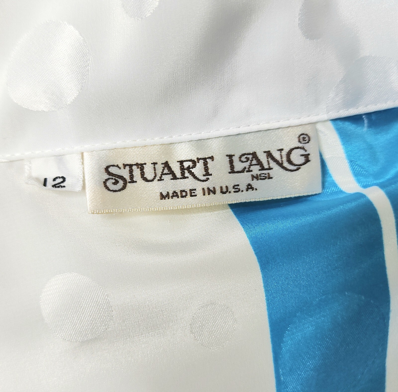 Vintage 80s Stuart Land Blue & White Satin Top Size 12