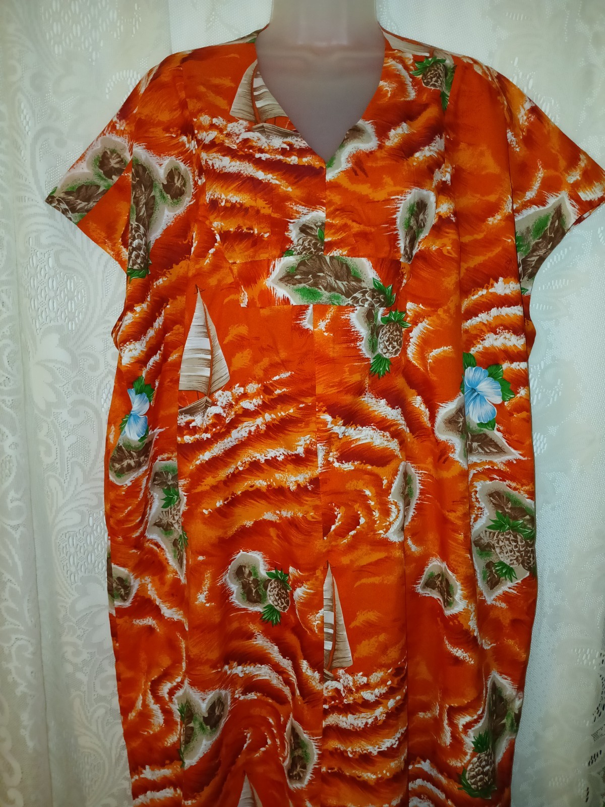 Vintage 70s Hawaiian Islands Pineapple Orange Muumuu Caftan Dress Tiki Oasis S/M