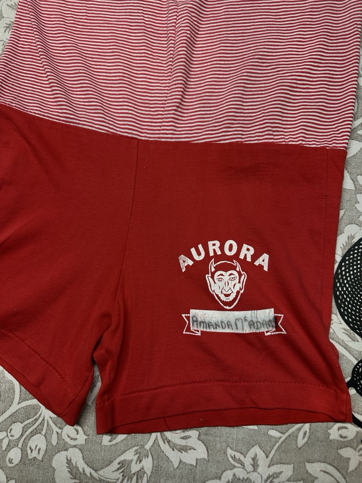 Vintage 1970s Red Stripped Gym Romper Devil High School One Piece Zip Front Dart