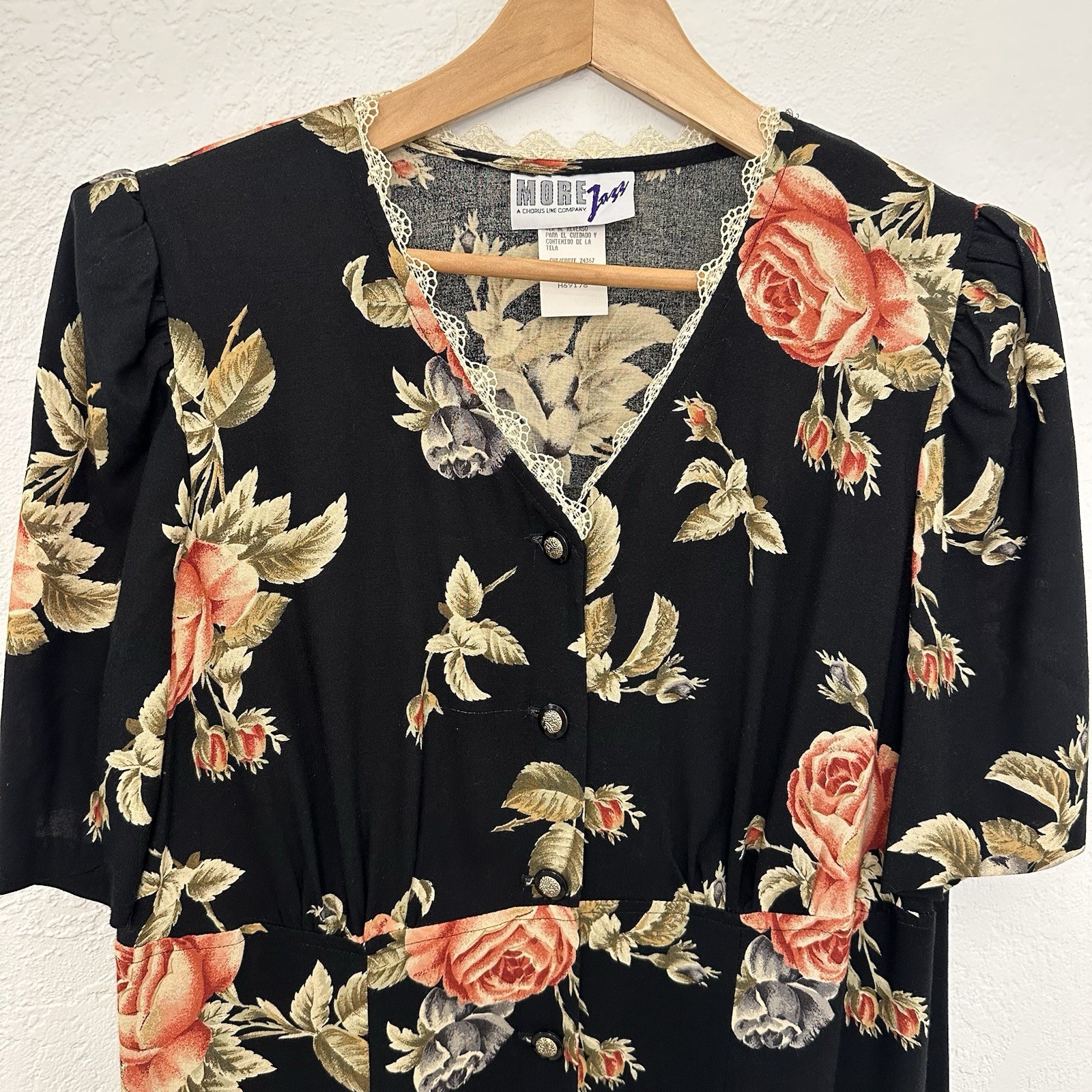 Vintage 90s More Jazz A Chorus Line Black Floral Dress Cottagecore Womens Sz 16