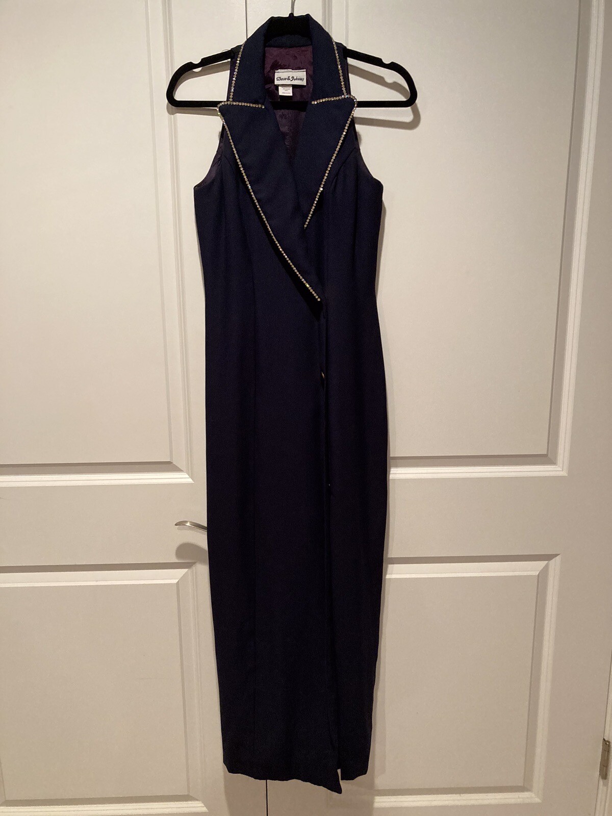 Vintage Dave & Johnny Navy Blue / Rhinestone Halter Formal Long Dress Sz 7/8