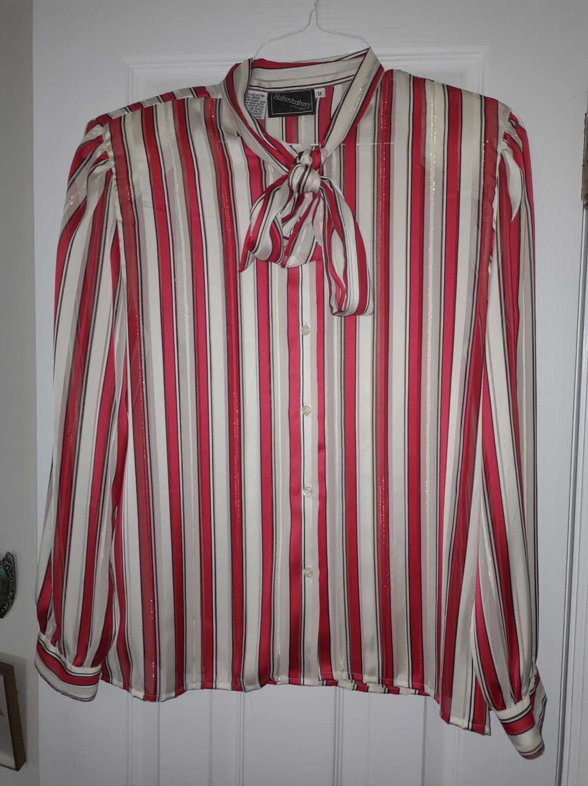Vintage Haberdashery is Personal Ivory and Red Stripe Blouse gold stripe w/Bow