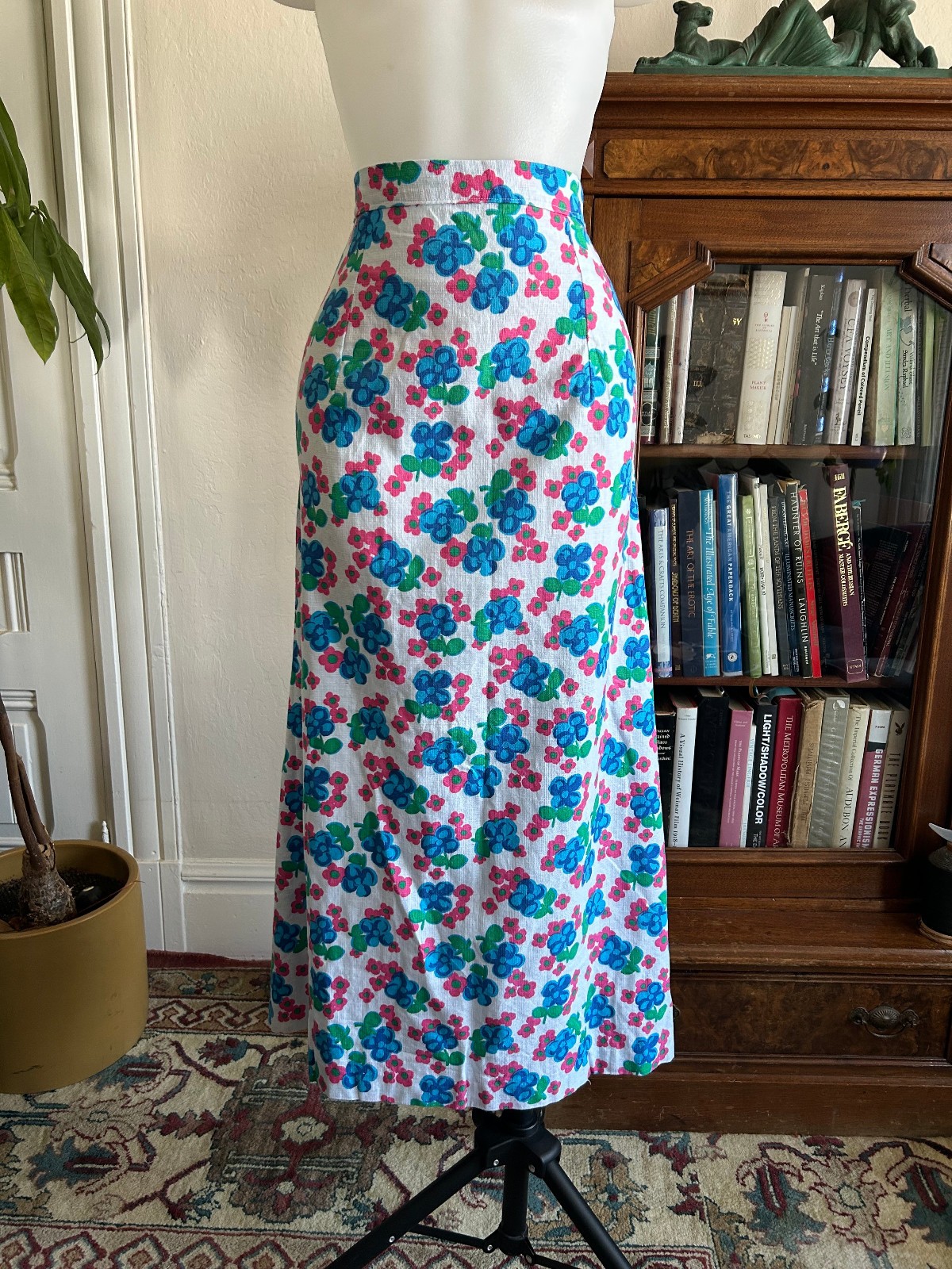 Vintage 1970s Floral Maxi Skirt in Blue and Pink – Handmade 28W Cotton Summer