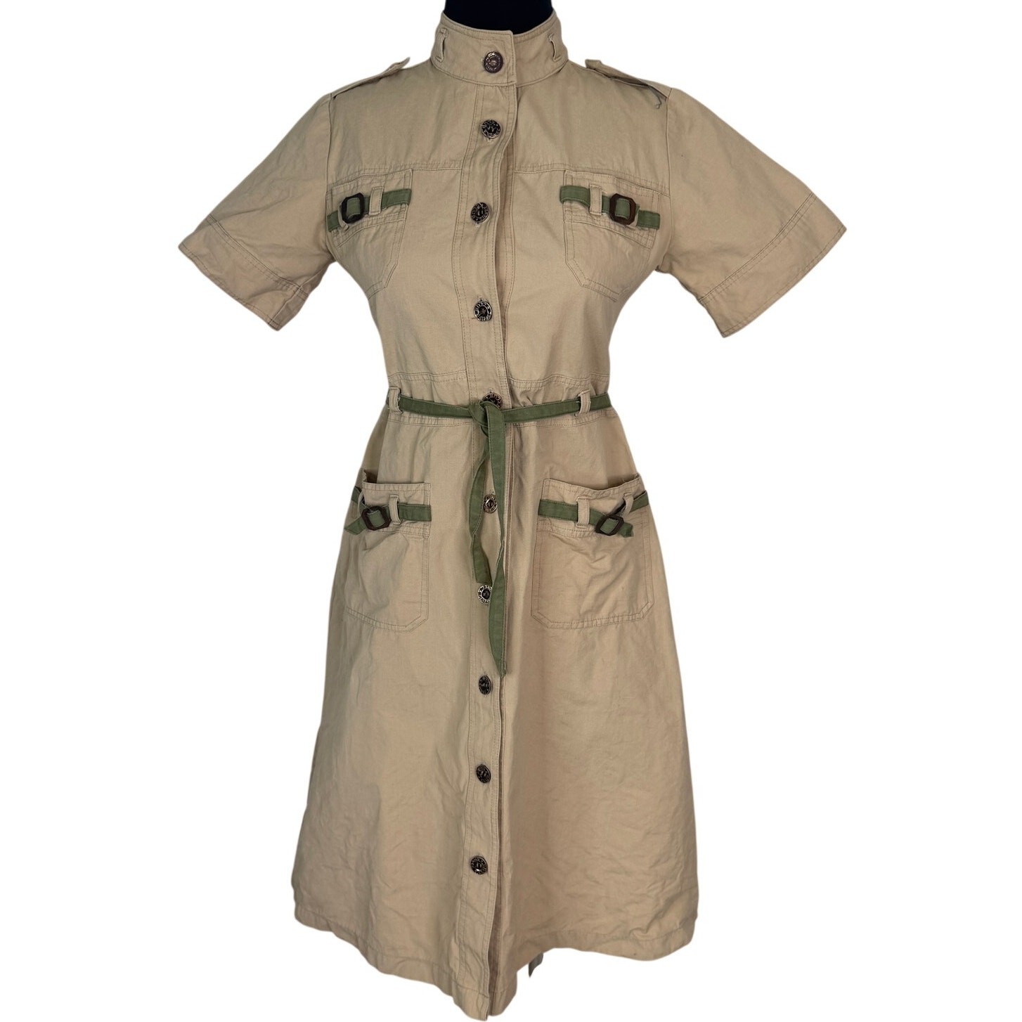 Vtg 70s Khaki Safari Utility Dress Hungarian Cold War Era Olive Green Accents S