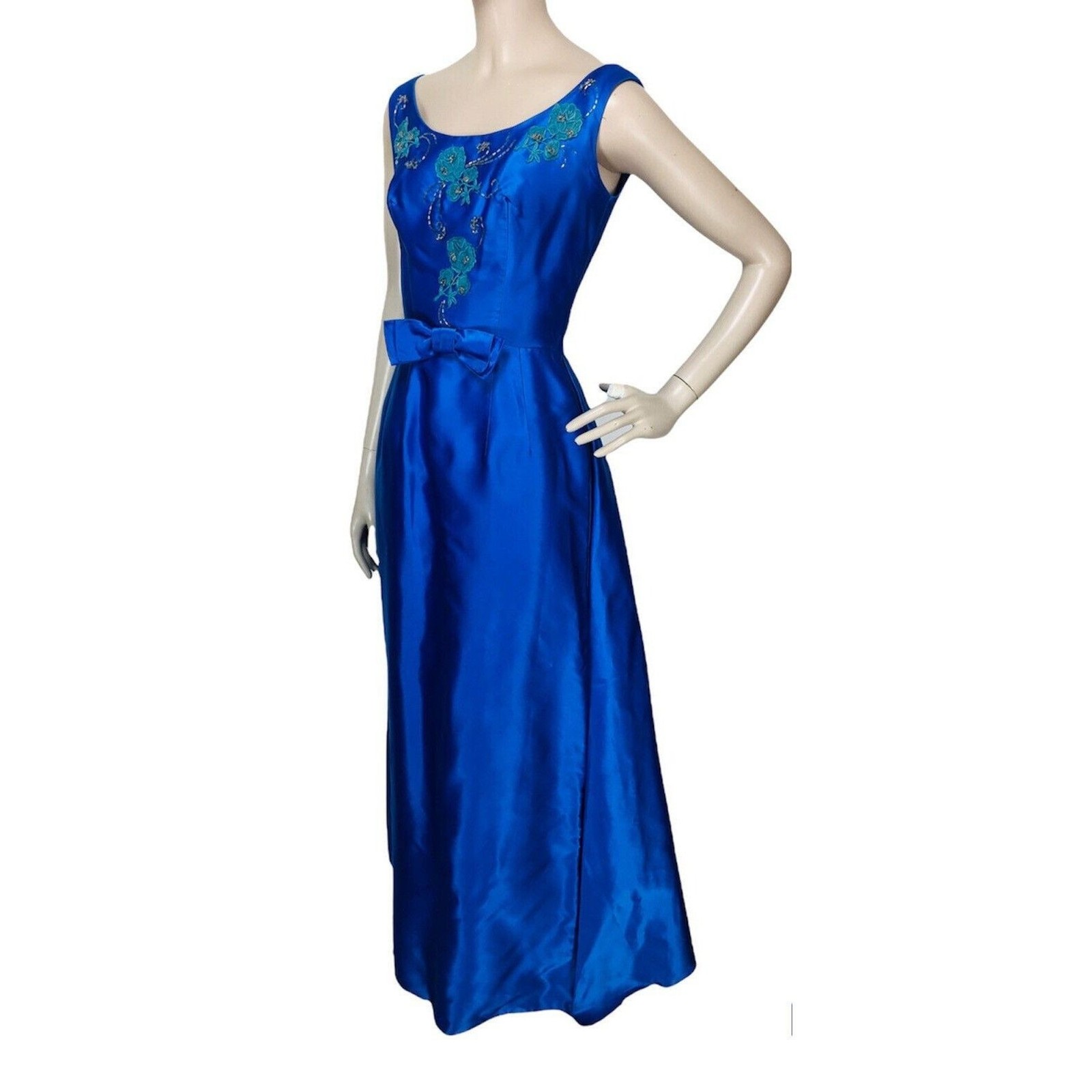 Vintage 1940s Cartwright Blue Satin Jewel Tone Beaded Embroidered Gown Dress